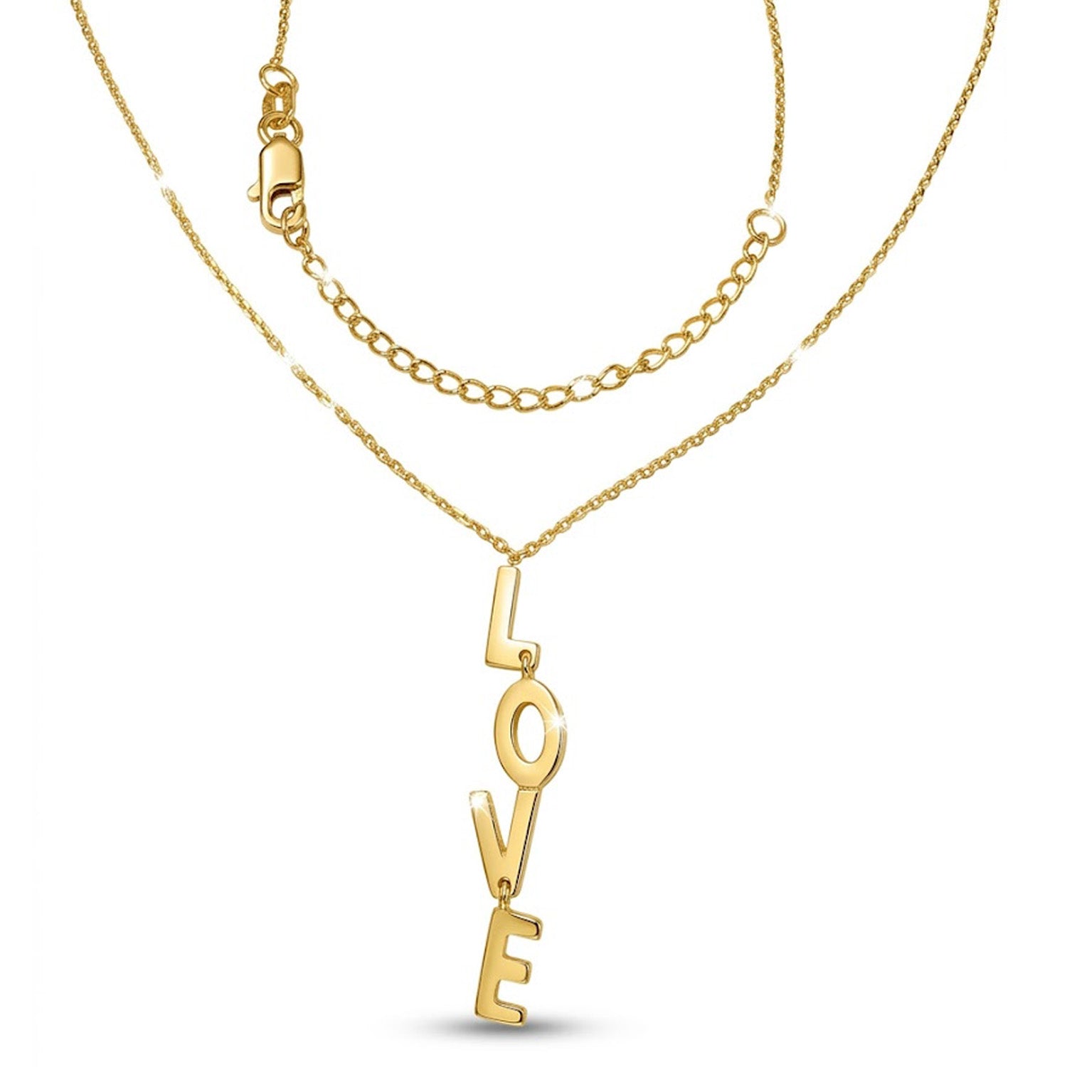 Gold necklace with 'LOVE' pendant on a white background