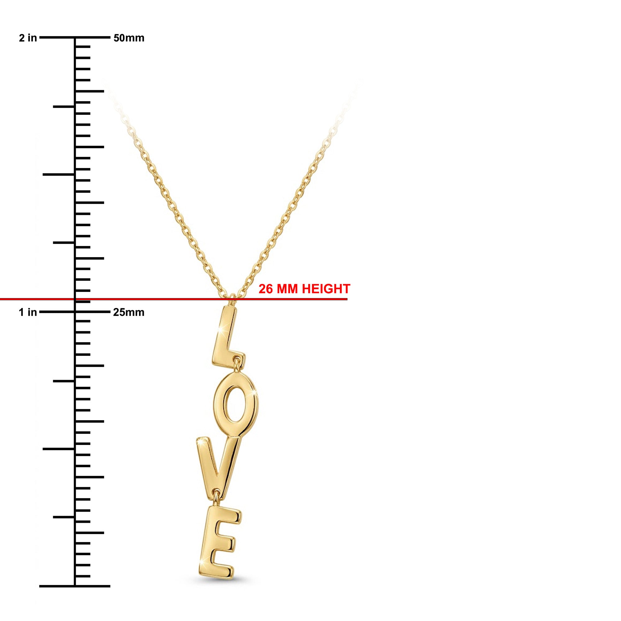 Gold necklace with 'LOVE' pendant next to a ruler for measurement on a white background
