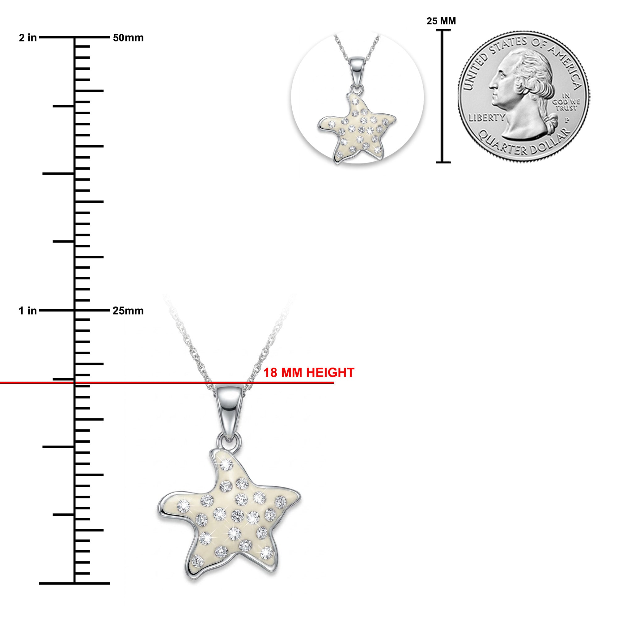 Starfish-shaped pendant with measurements and a quarter for scale on a white background