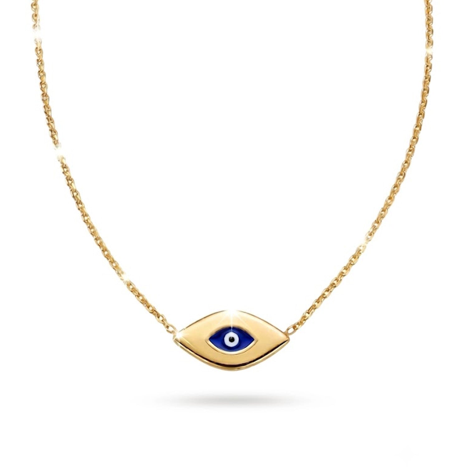 Gold necklace with an eye-shaped pendant on a white background