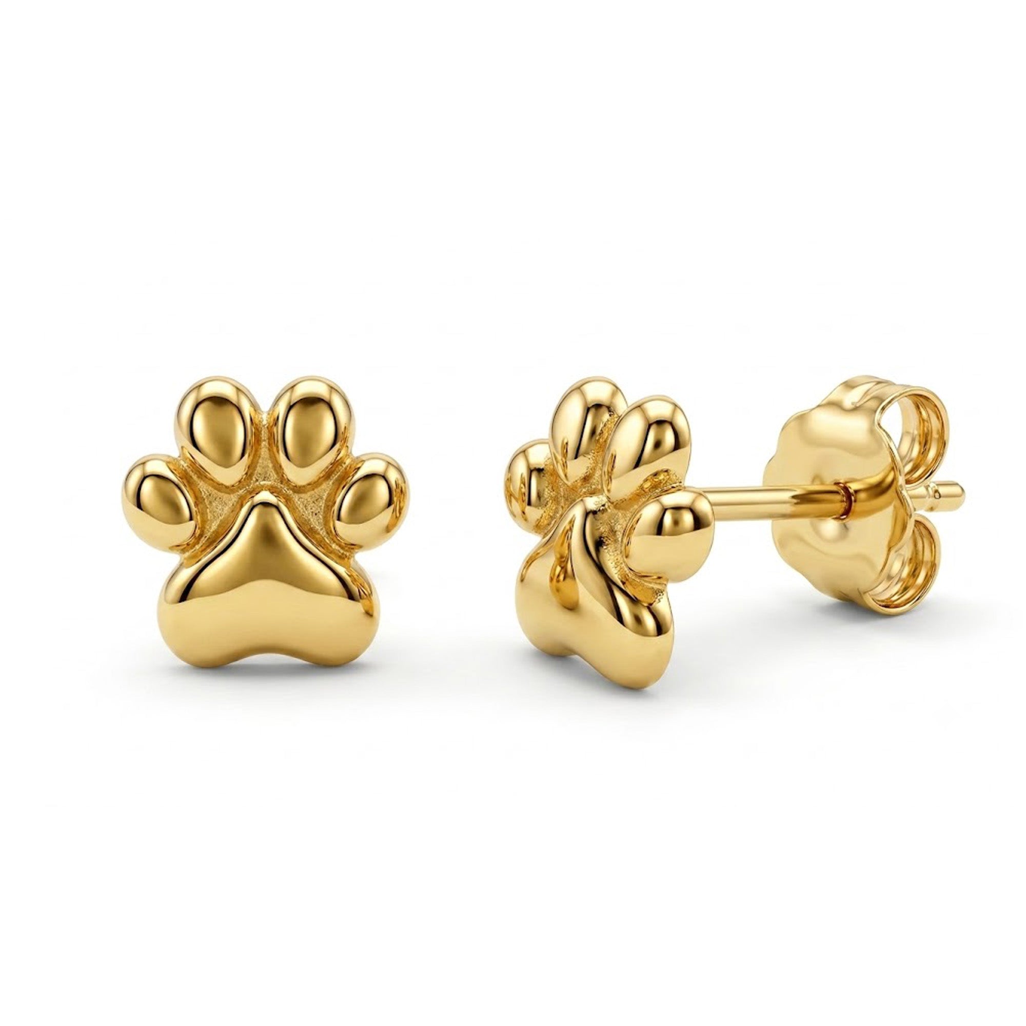 A pair of gold paw print stud earrings, one shown from the front and the other from the side/back, on a clean white background.