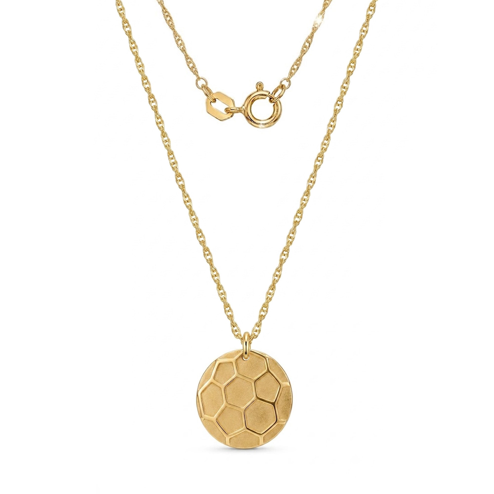 A gold necklace featuring a textured, soccer-ball-inspired circular pendant on a delicate gold chain, shown against a plain white background.