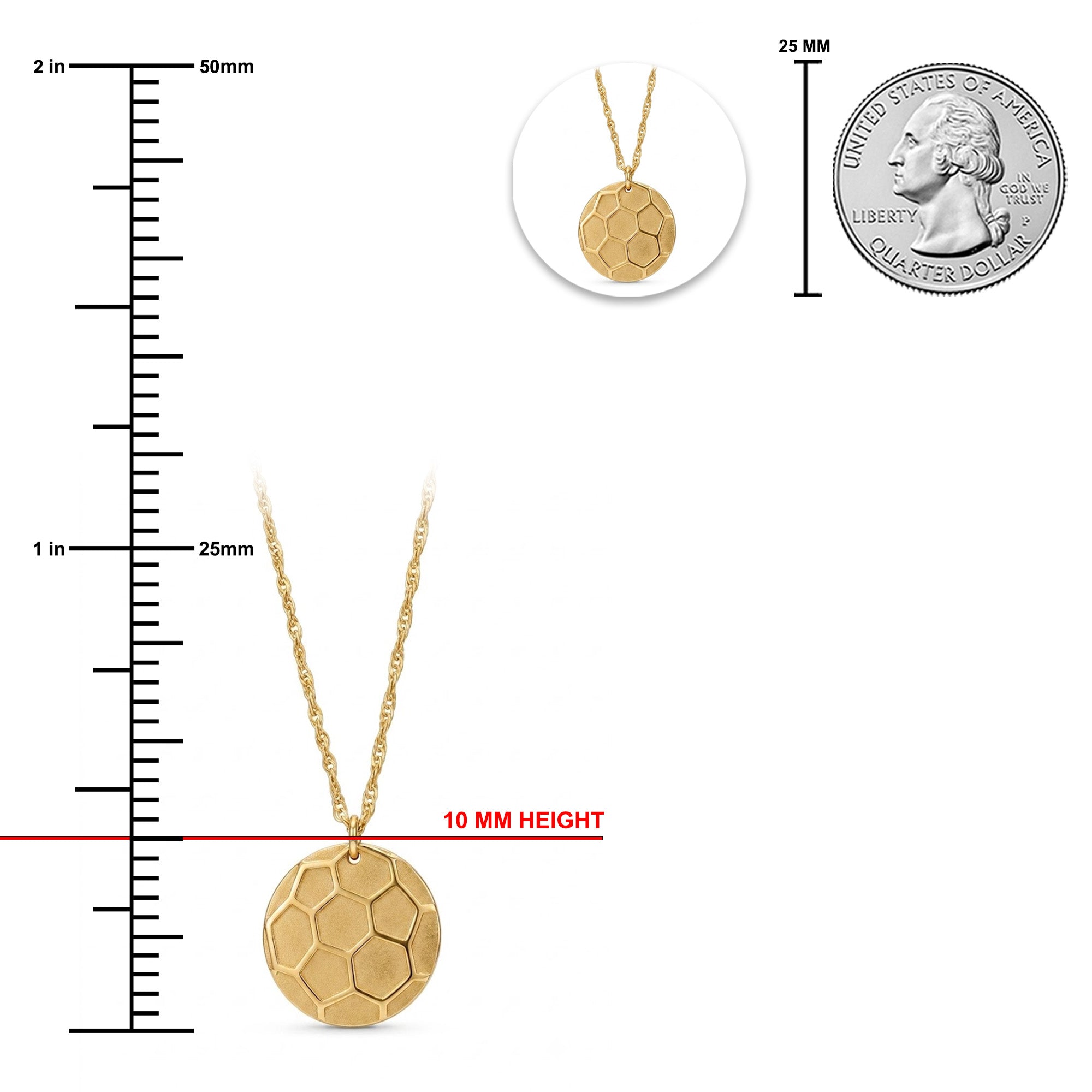 Gold soccer ball pendant necklace on a chain, shown with measurement markings indicating 10 mm height, a 25 mm coin size reference, and a small circular inset of the necklace.