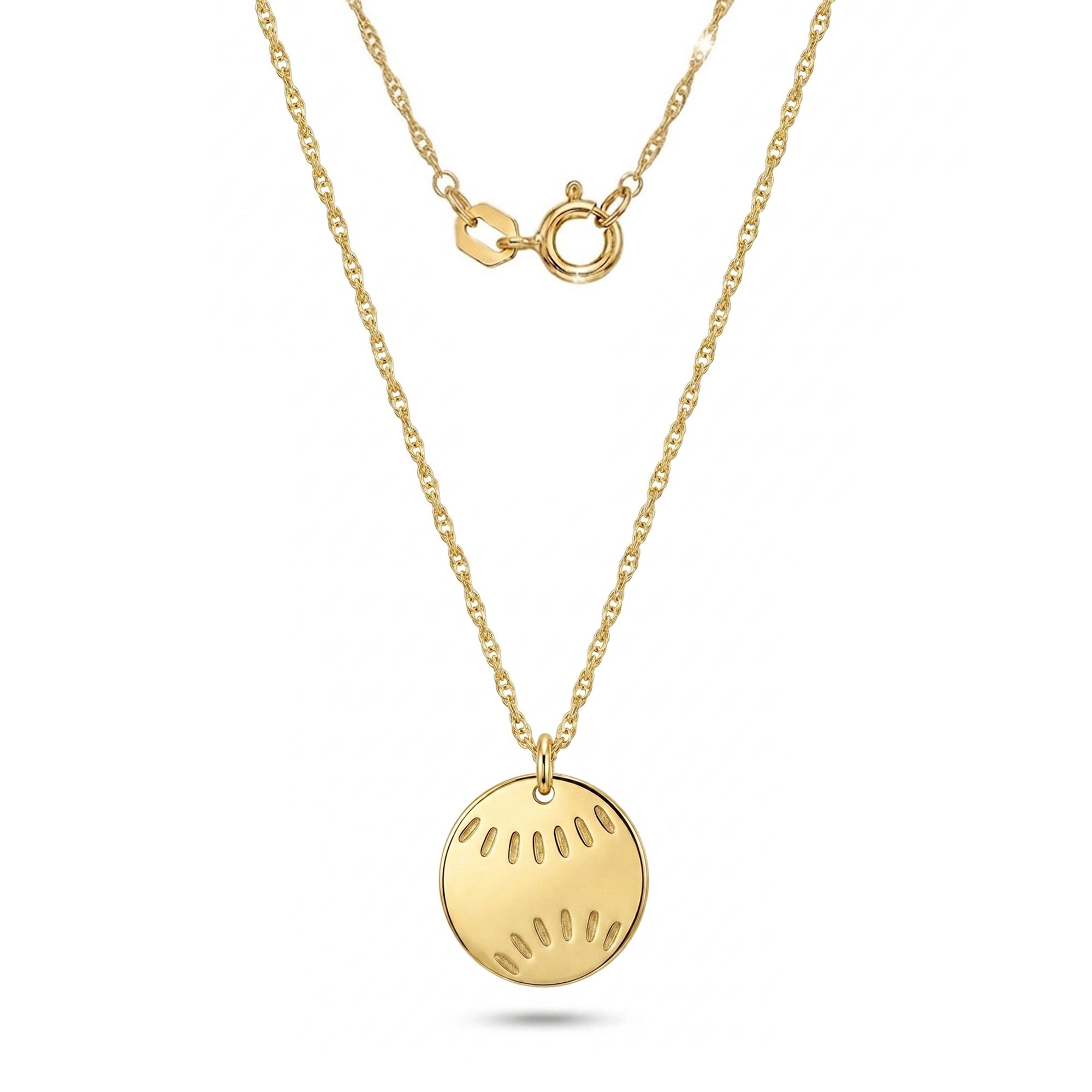 A gold chain necklace featuring a round, flat gold pendant with small cutout details, displayed against a clean white background.