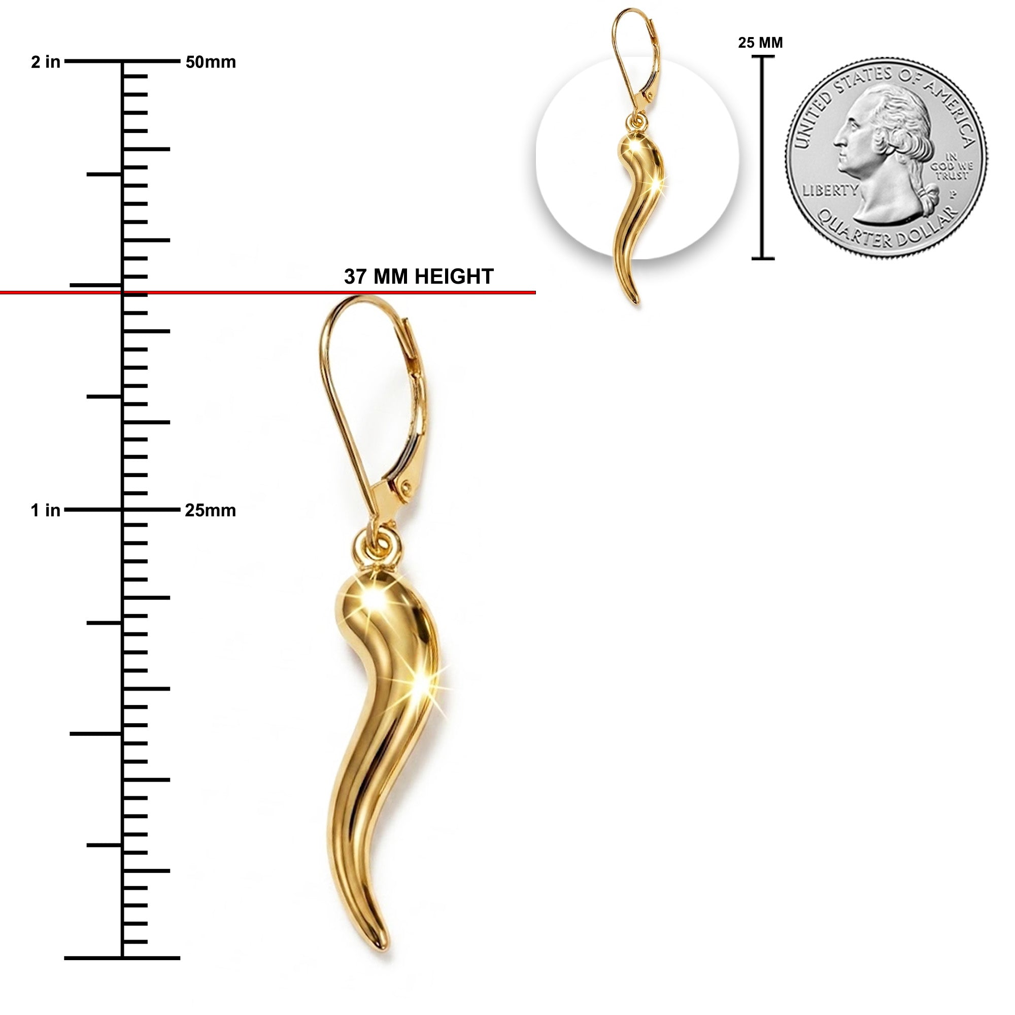 Gold italian horn lever back earring sizing chart