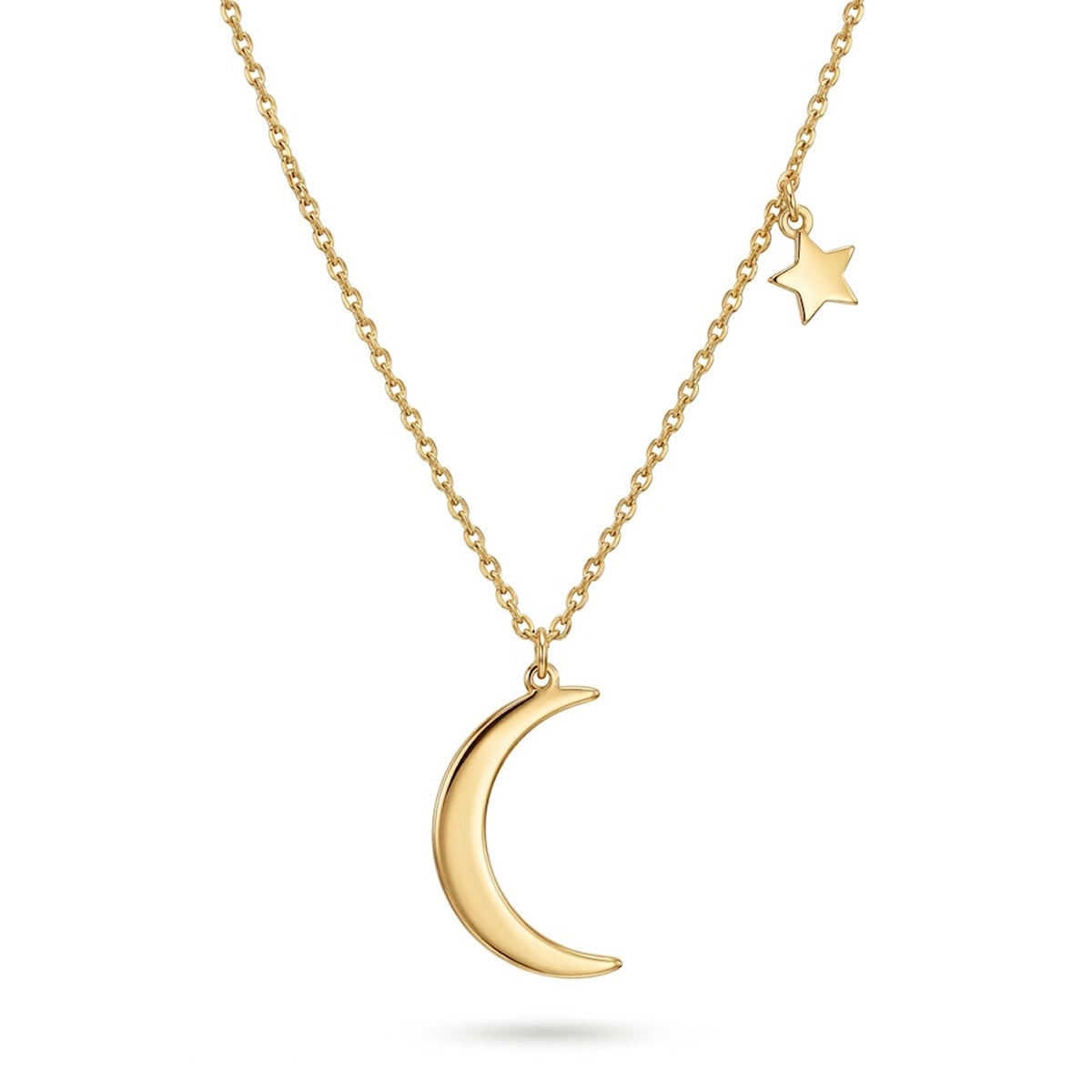A gold necklace featuring a polished crescent moon pendant and a small dangling star charm, displayed against a clean white background.