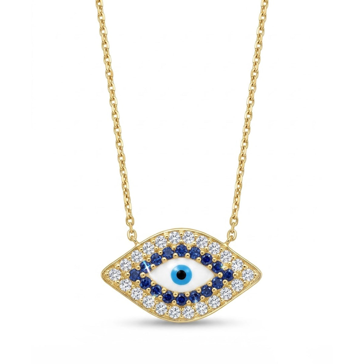Gold-tone evil eye pendant necklace with a blue center eye, surrounded by a halo of white and dark blue stones, suspended on a delicate gold chain against a white background.