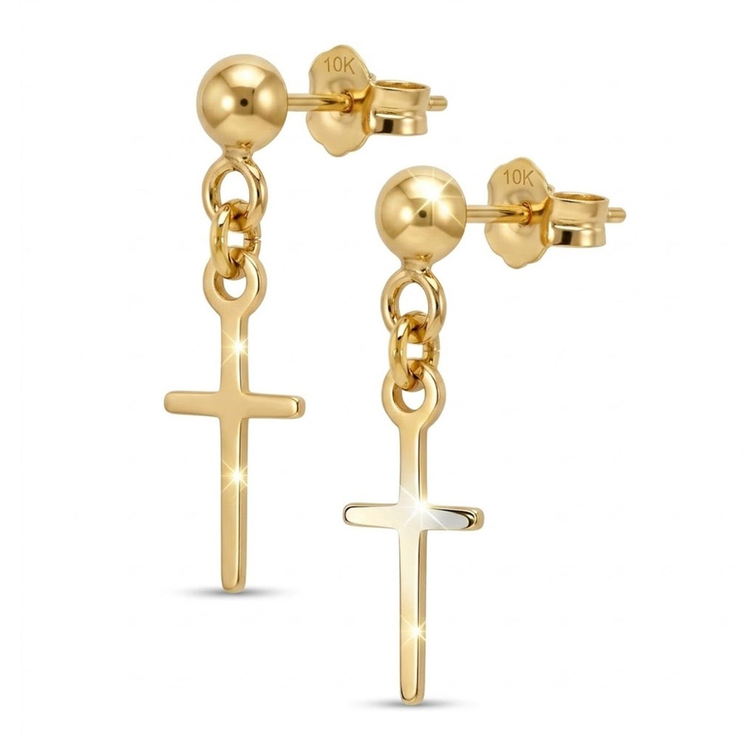 Gold cross earrings on a white background