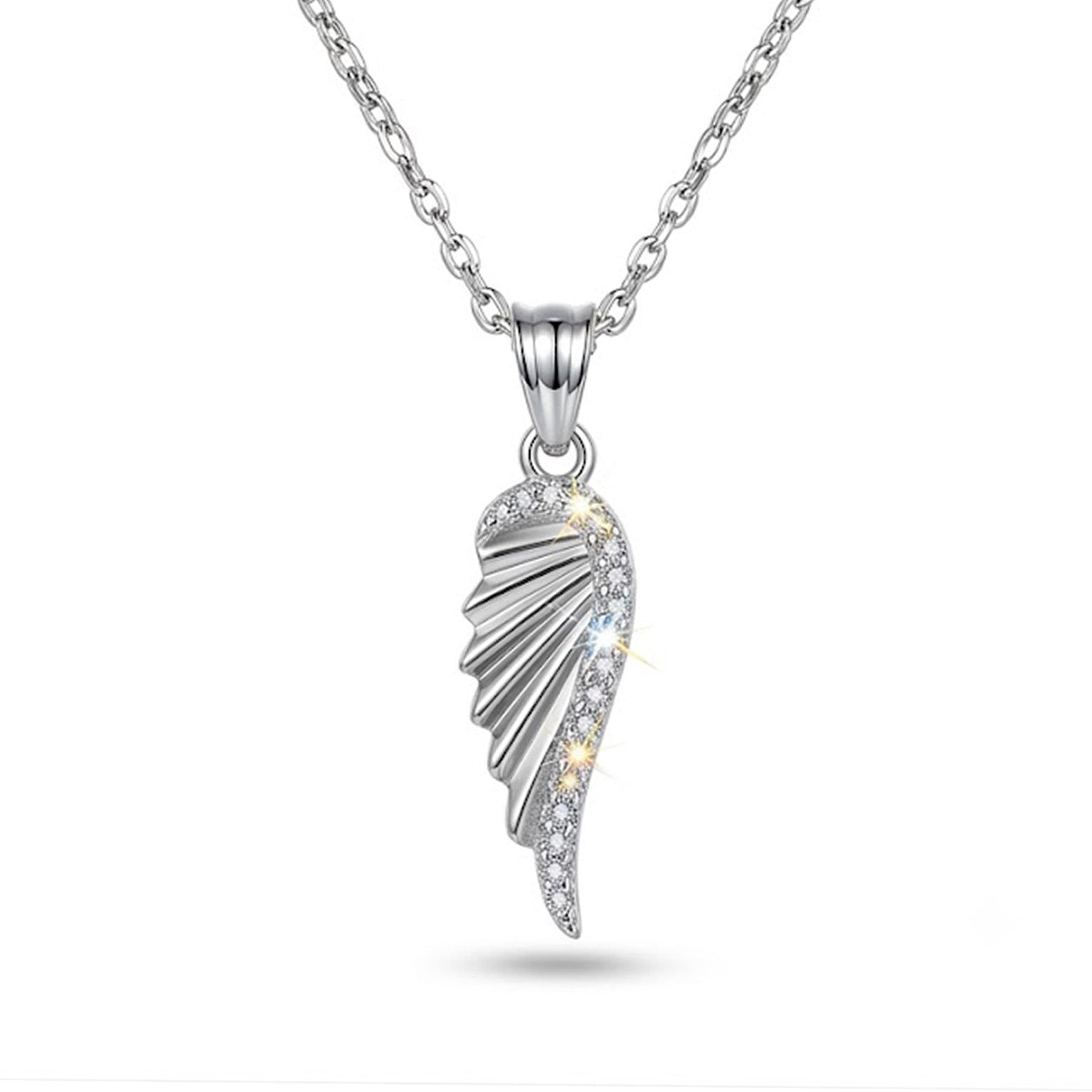 Silver angel wing pendant necklace on a white background