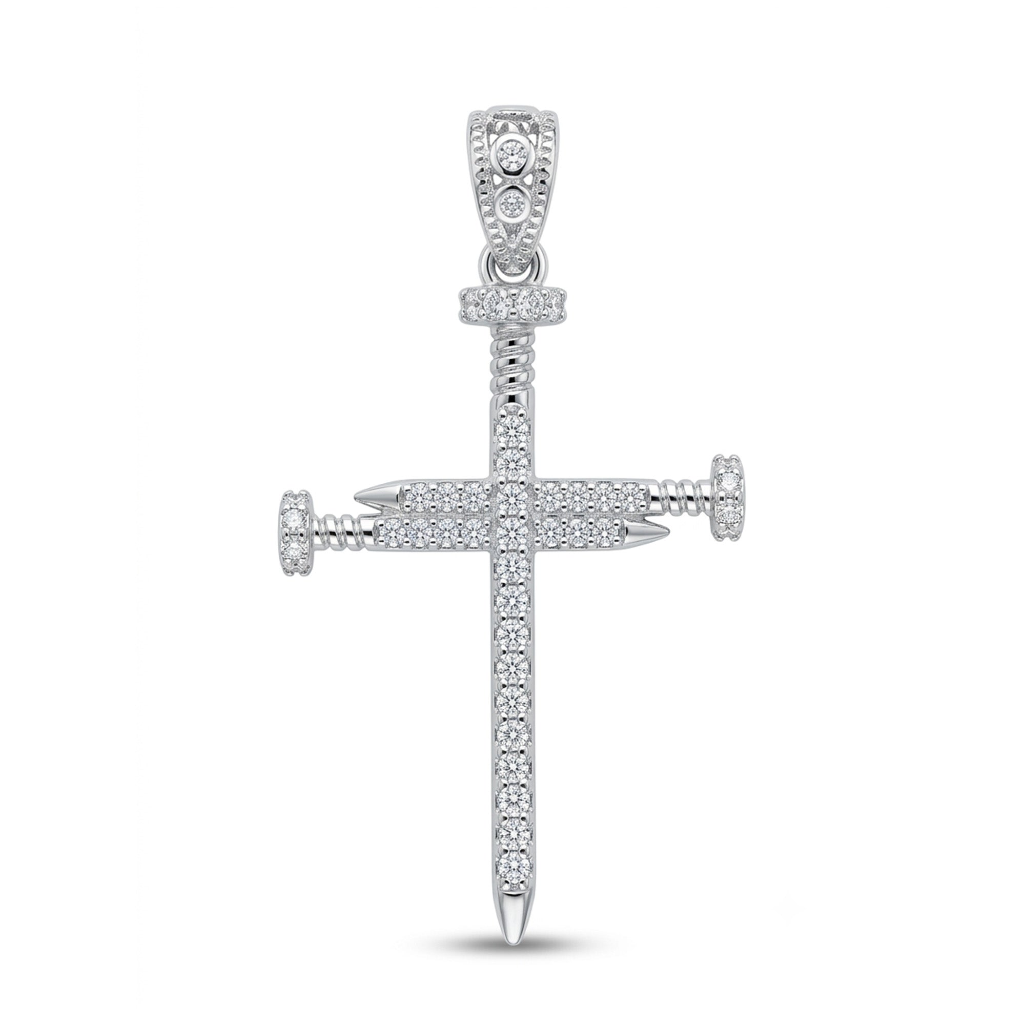 A silver cross pendant encrusted with clear gemstones, featuring a sword hilt design on the crossbar, set against a plain white background.