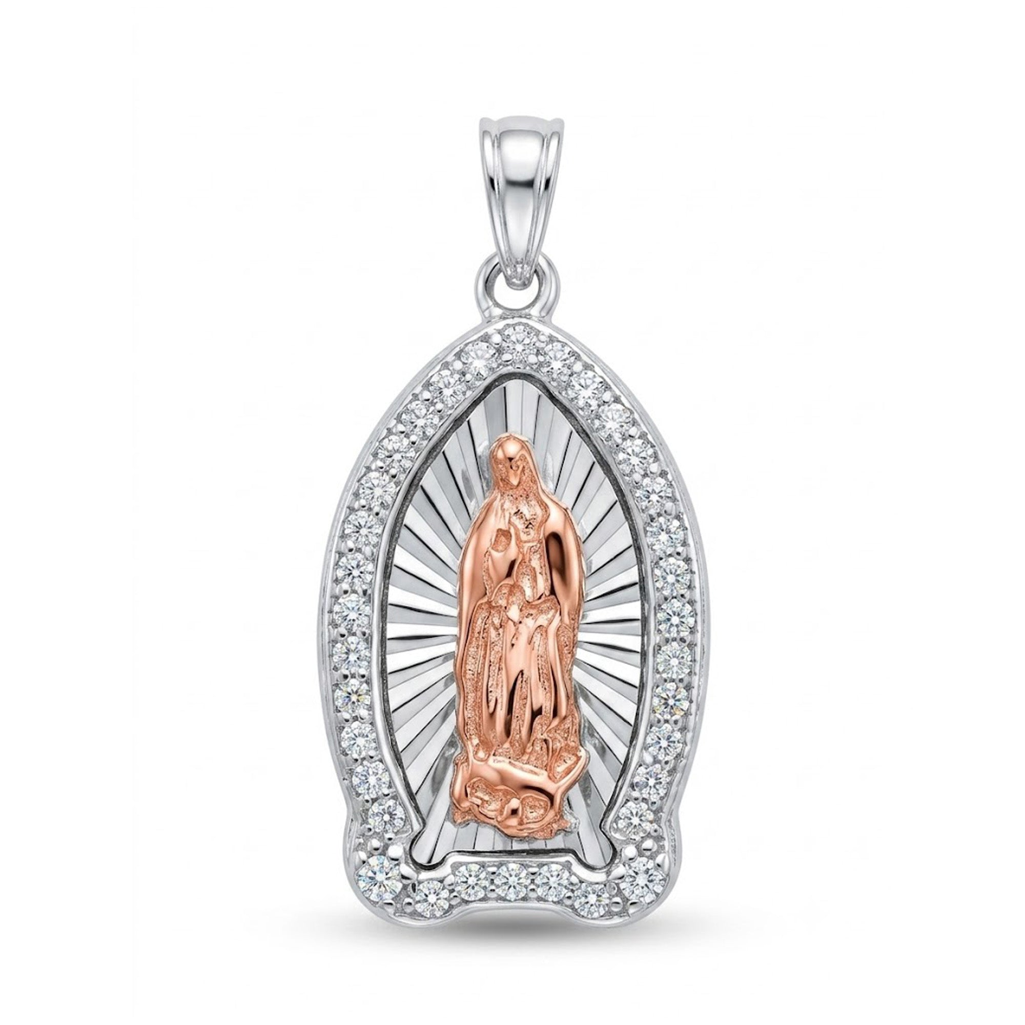 A silver and rose gold pendant featuring a religious figure set against a sunburst background, surrounded by a halo of small clear stones, on a white background.