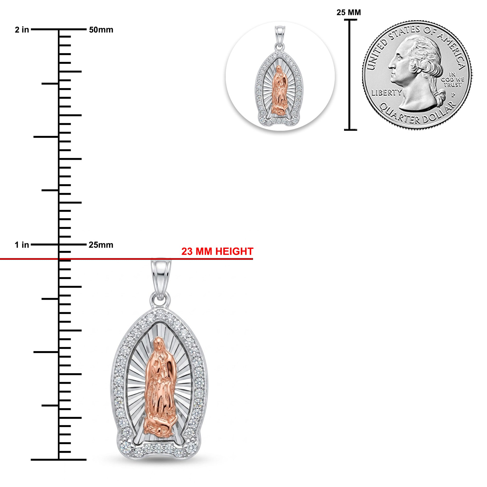 Silver and rose gold Miraculous Medal pendant with clear crystal accents, shown with a vertical measurement ruler in inches, a US quarter coin for scale, and a close-up inset of the pendant.