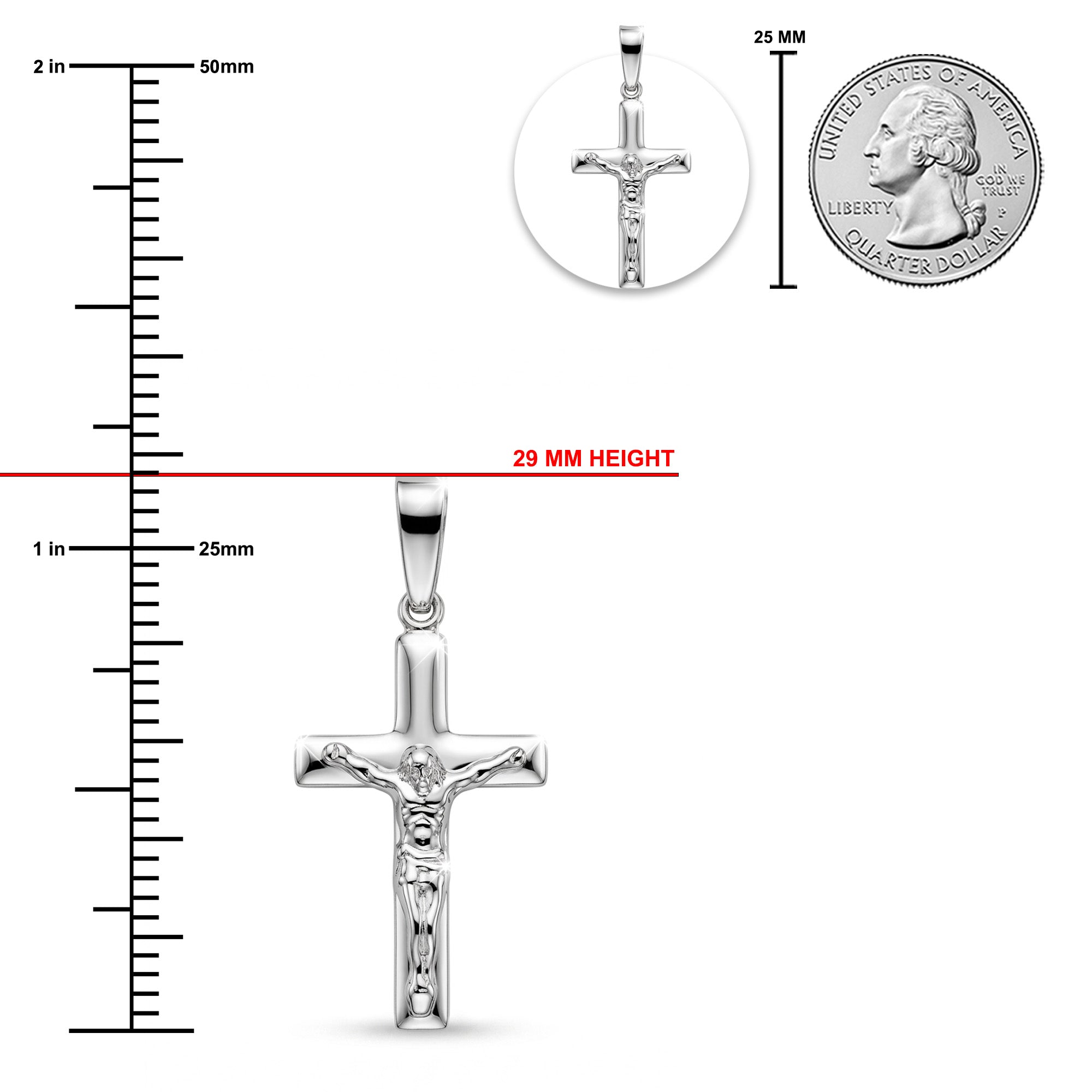 Silver crucifix pendant with measurements against a white background
