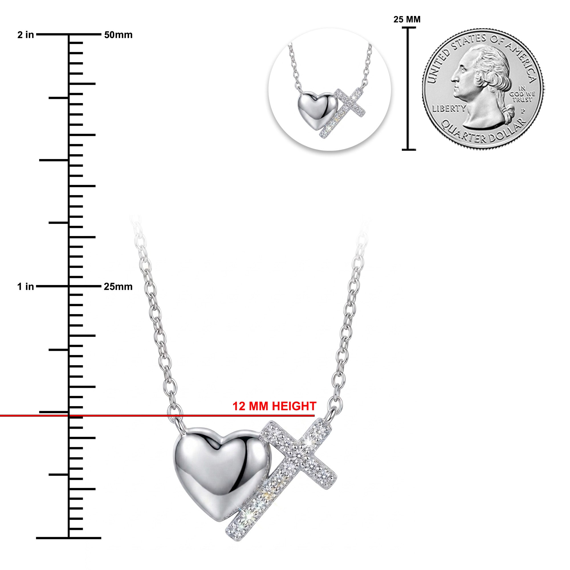 Silver necklace with heart and cross pendant next to a ruler and quarter for size reference