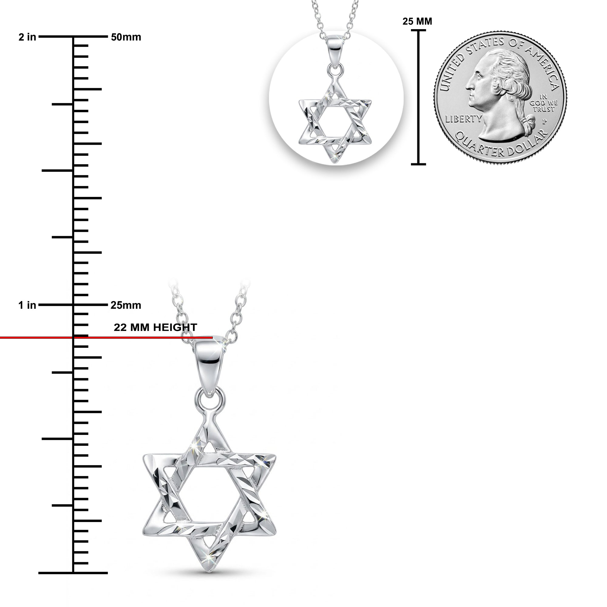 Silver Star of David pendant necklace on a chain, shown with a ruler scale in millimeters, a 25 mm coin comparison, and a close-up inset on a white background.