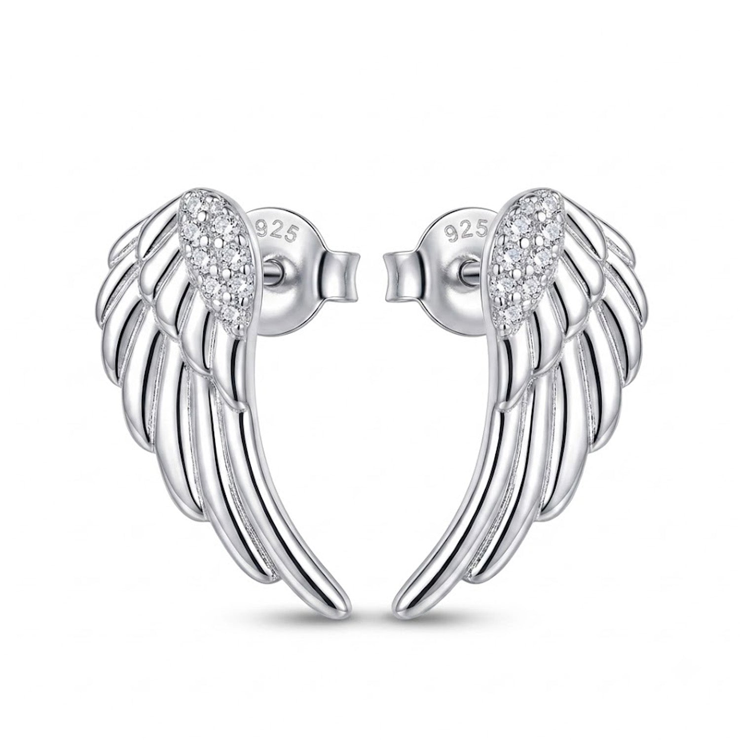 A pair of silver angel wing stud earrings with clear pavé crystal accents on the wing tops, shown on a clean white background. The inner post is stamped with '925' indicating sterling silver.