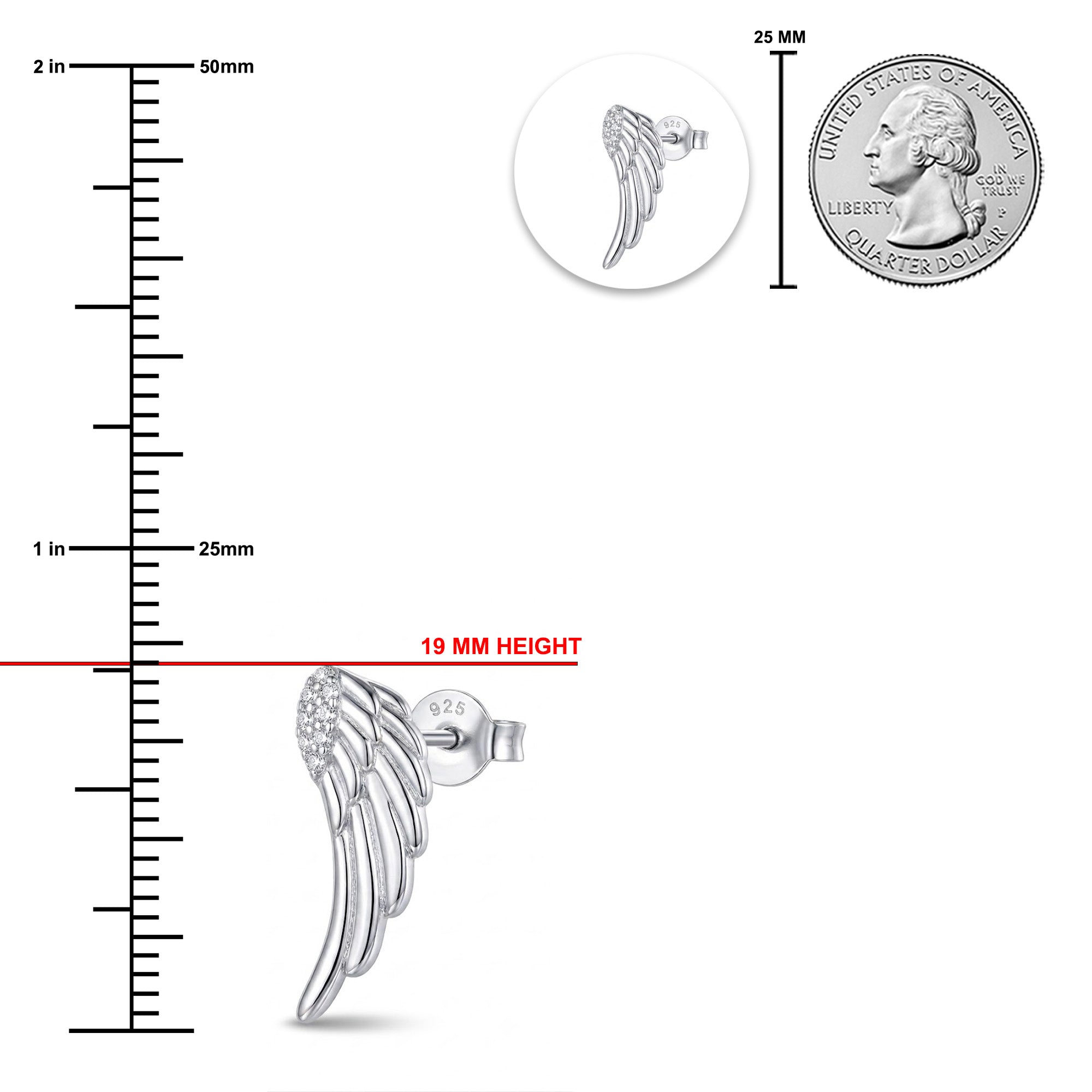 Silver wing-shaped stud earring shown on a white background with measurement guides, a 19 mm height indicator, a circular inset of the back view, and a 25 mm coin scale reference.