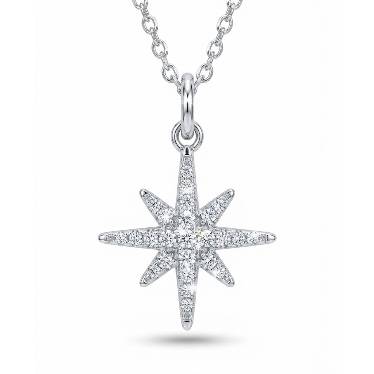Silver north star necklace with moissianite stones