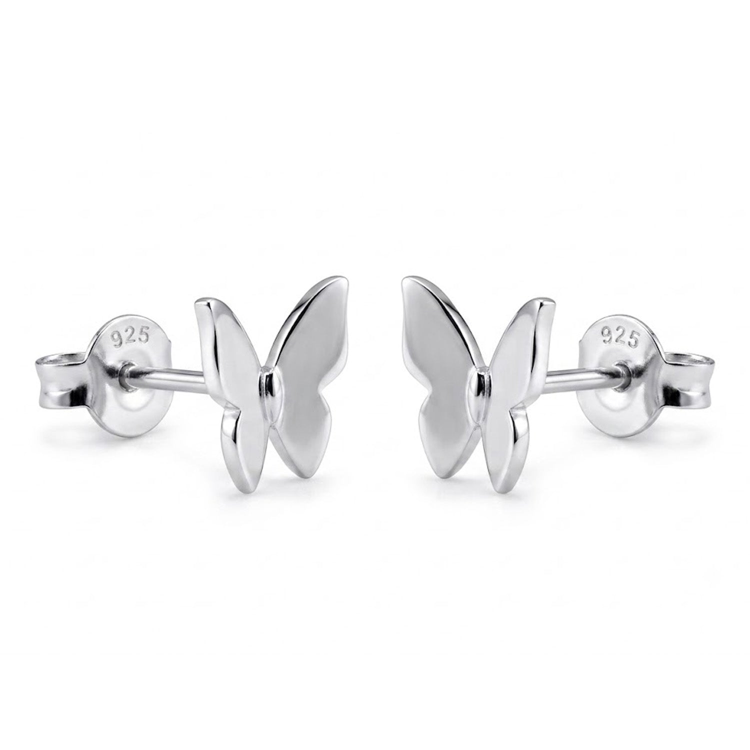 A pair of silver butterfly stud earrings with a polished finish and 925 sterling silver backing, shown on a clean white background.