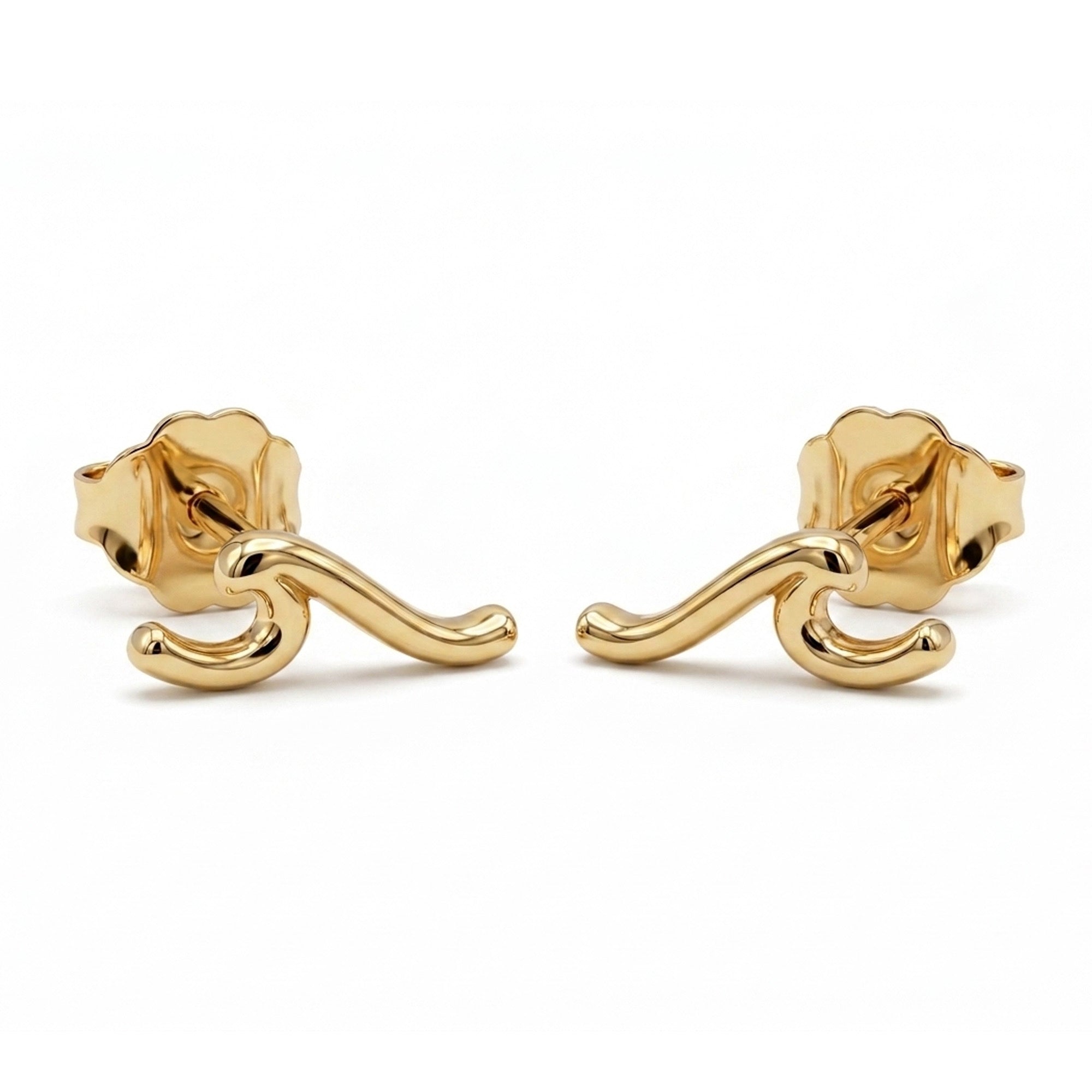 A pair of gold post earrings with a curved, hook-like design, displayed on a clean white background.