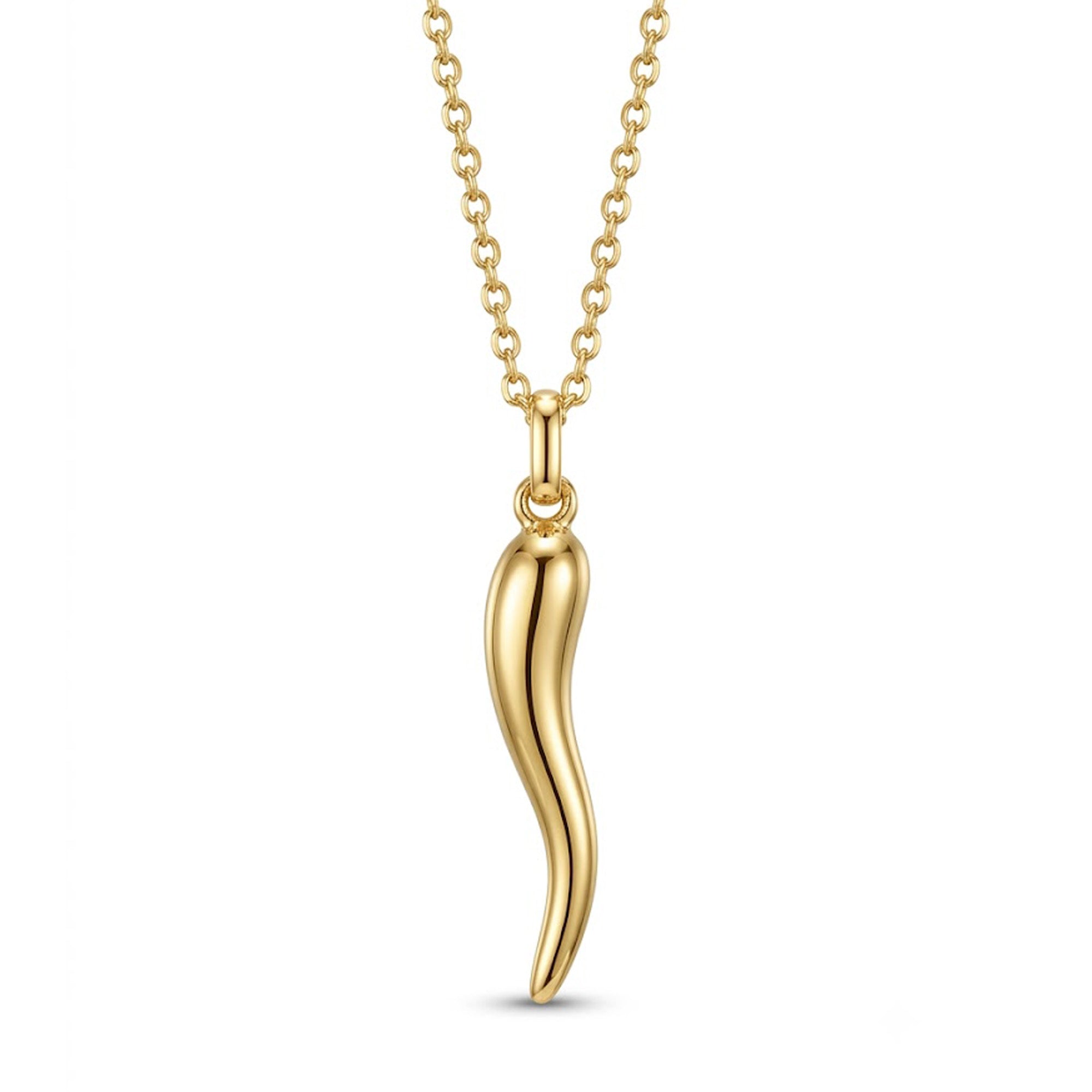 A polished yellow gold pendant necklace featuring a curved, stylized horn or horn-like charm on a delicate link chain, shown against a plain white background.