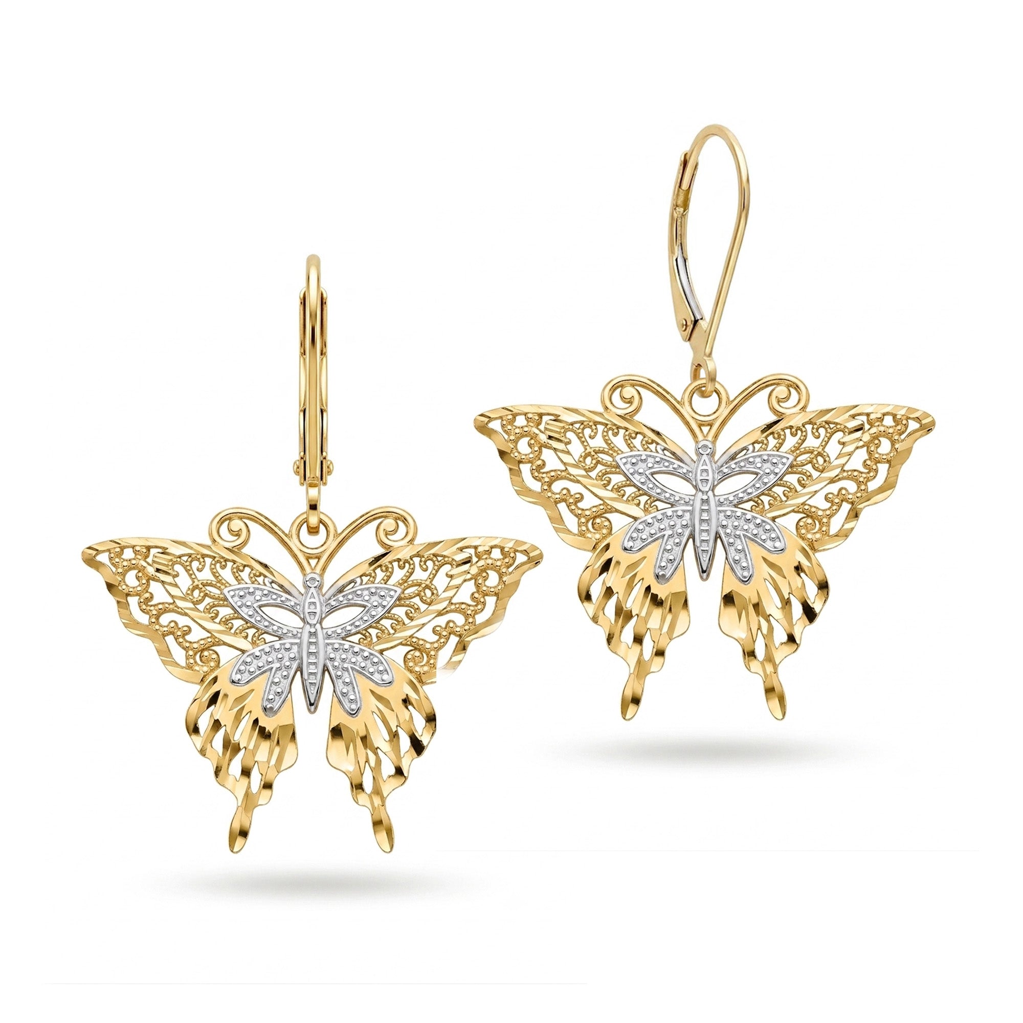 A pair of butterfly drop earrings in yellow gold with a pavé-set silver center on a white background.