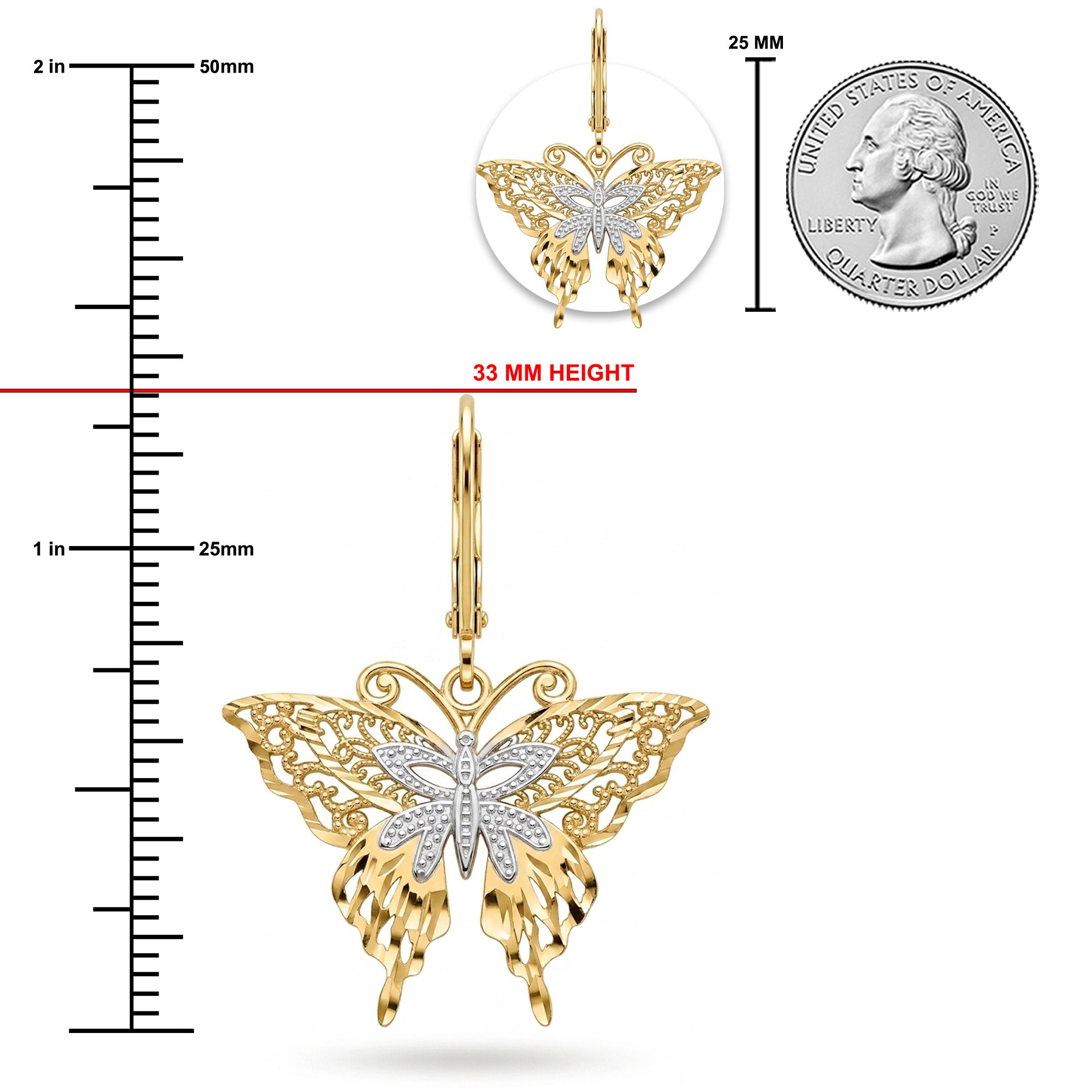Yellow gold butterfly pendant with a diamond-encrusted center, shown with measurement rulers, a 33 mm height indicator, and a quarter coin size reference on a white background.