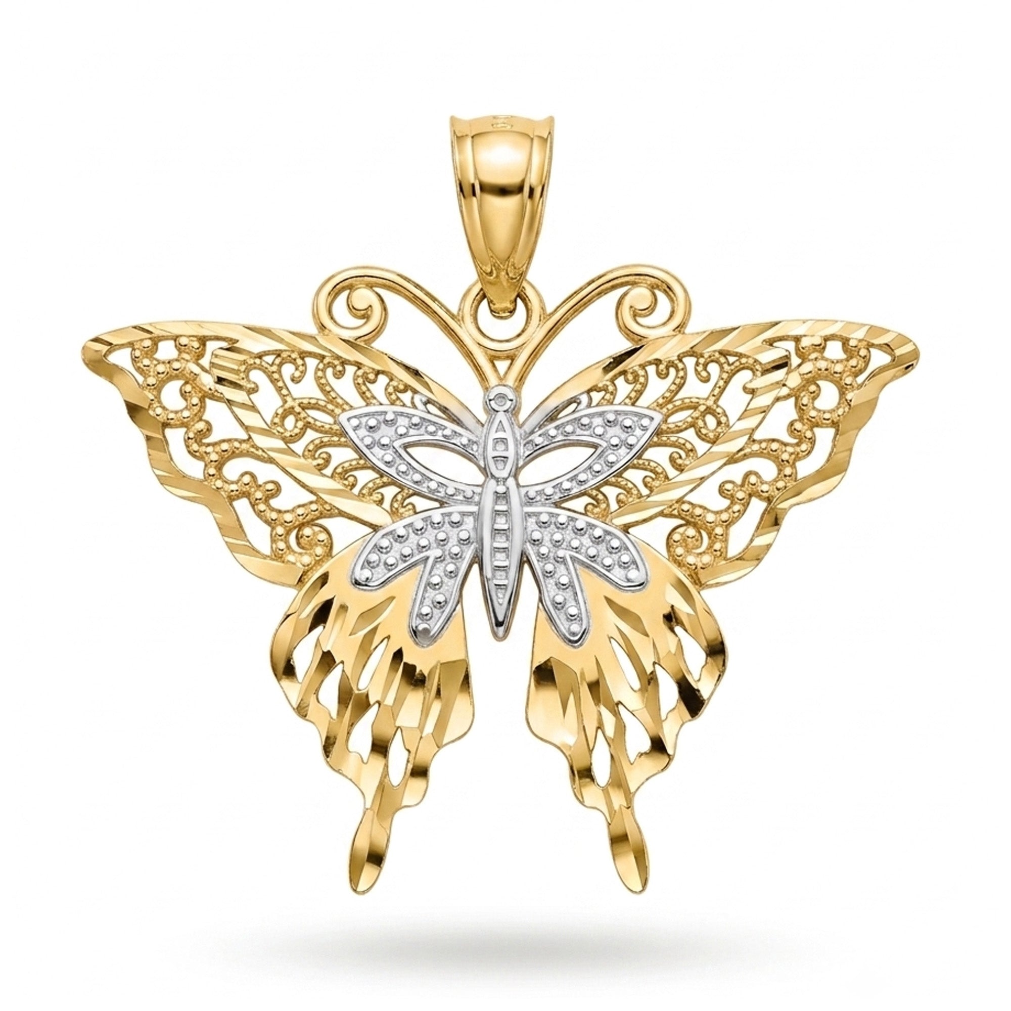 A two-tone butterfly pendant in yellow gold and silver, featuring a butterfly design with intricate filigree wings and a dragonfly motif in the center, set against a plain white background.
