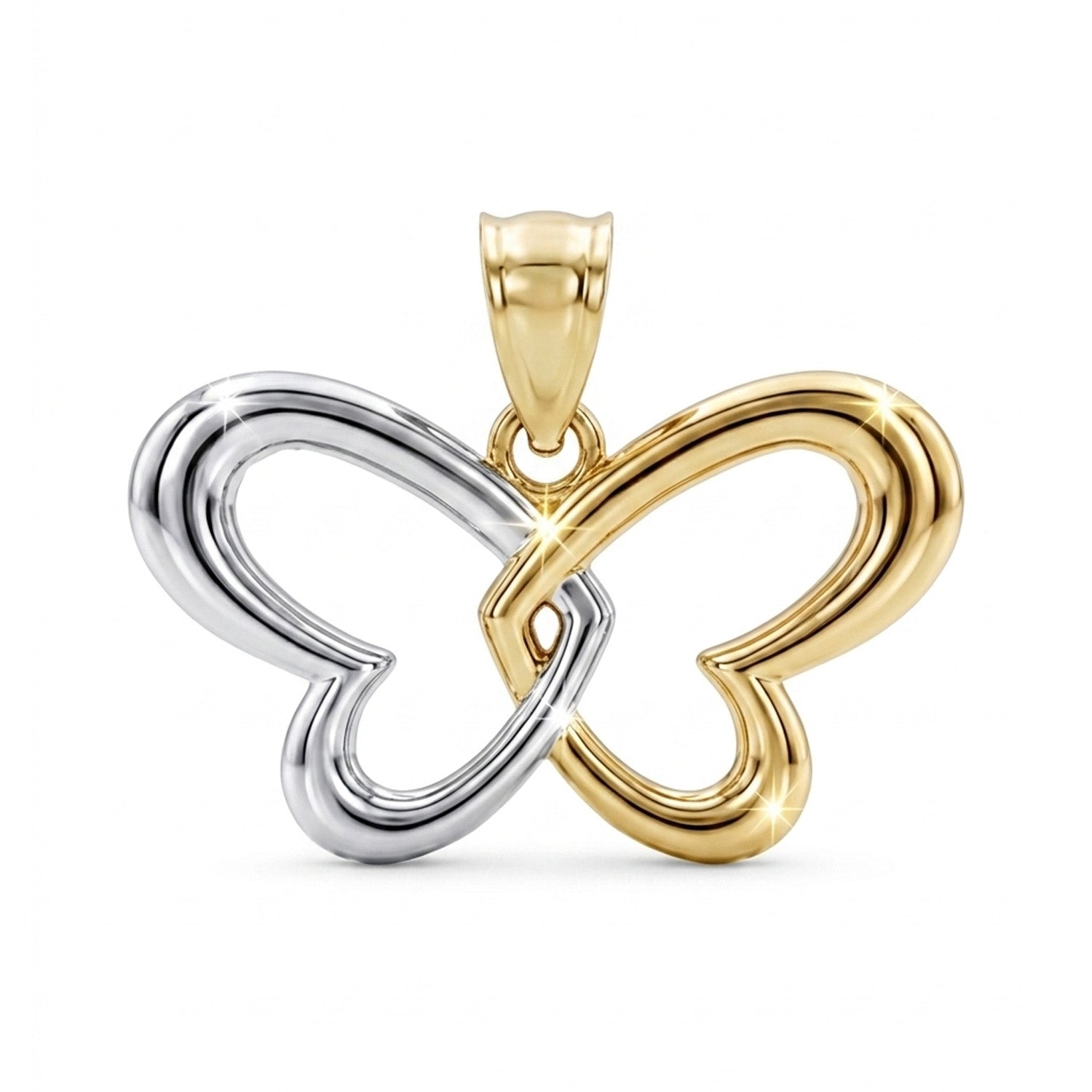 Two-tone heart-shaped butterfly pendant, one gold and one silver, on a white background