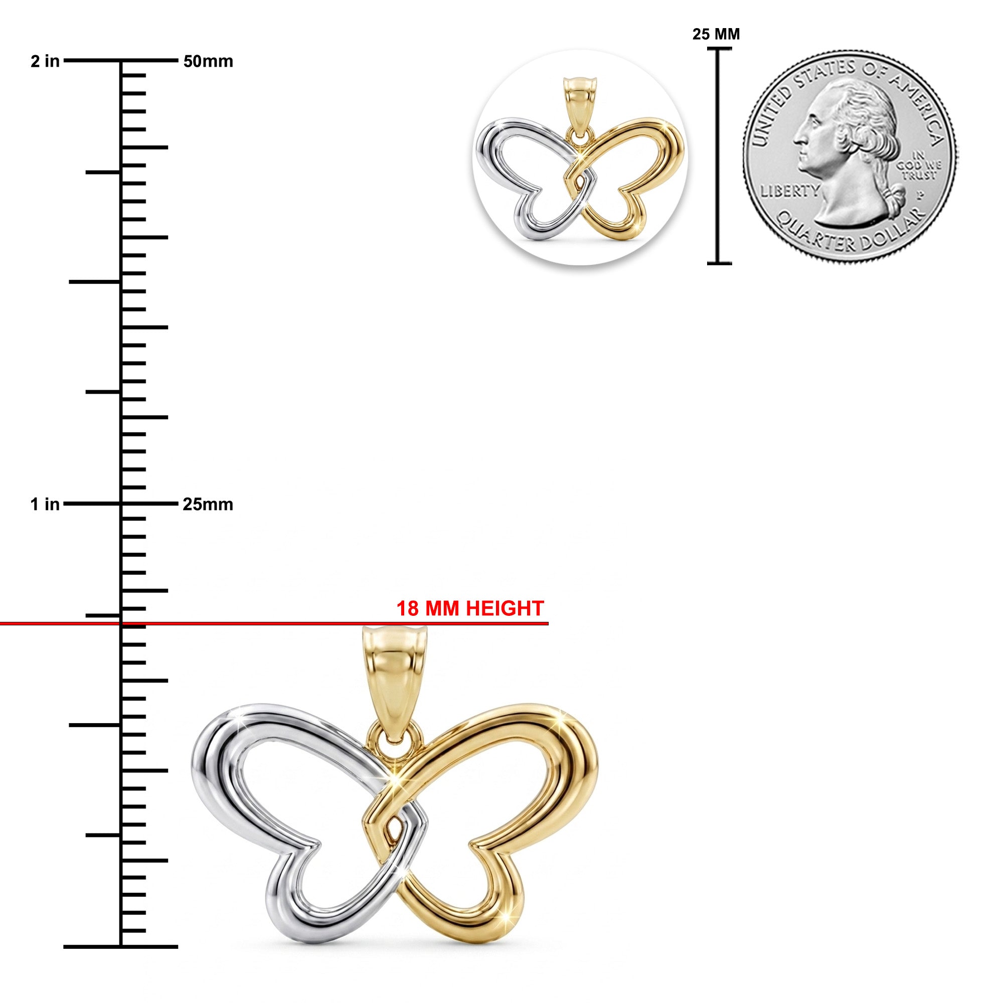 Gold and silver butterfly pendant with size measurements on a white background