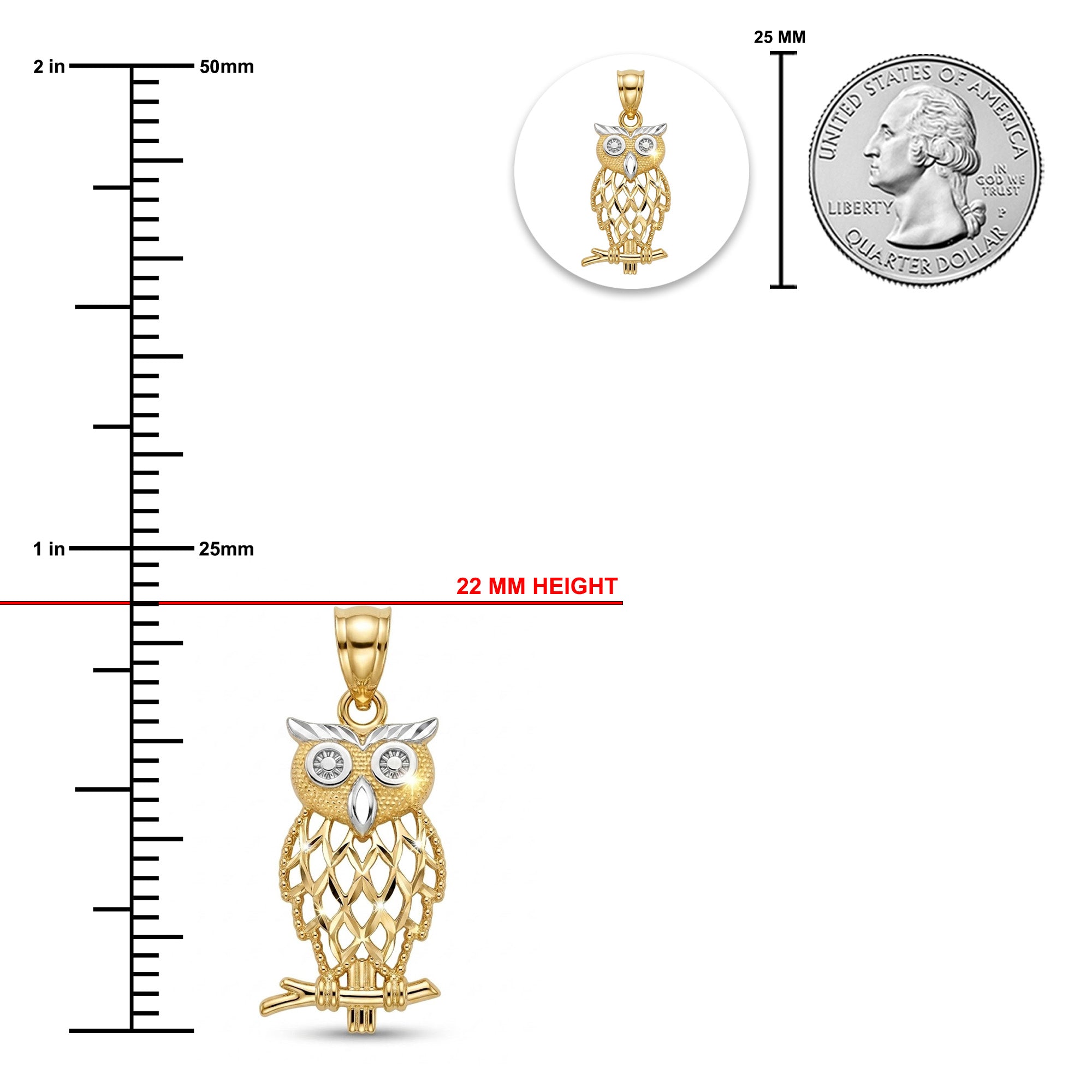Gold owl pendant with measurements on a white background