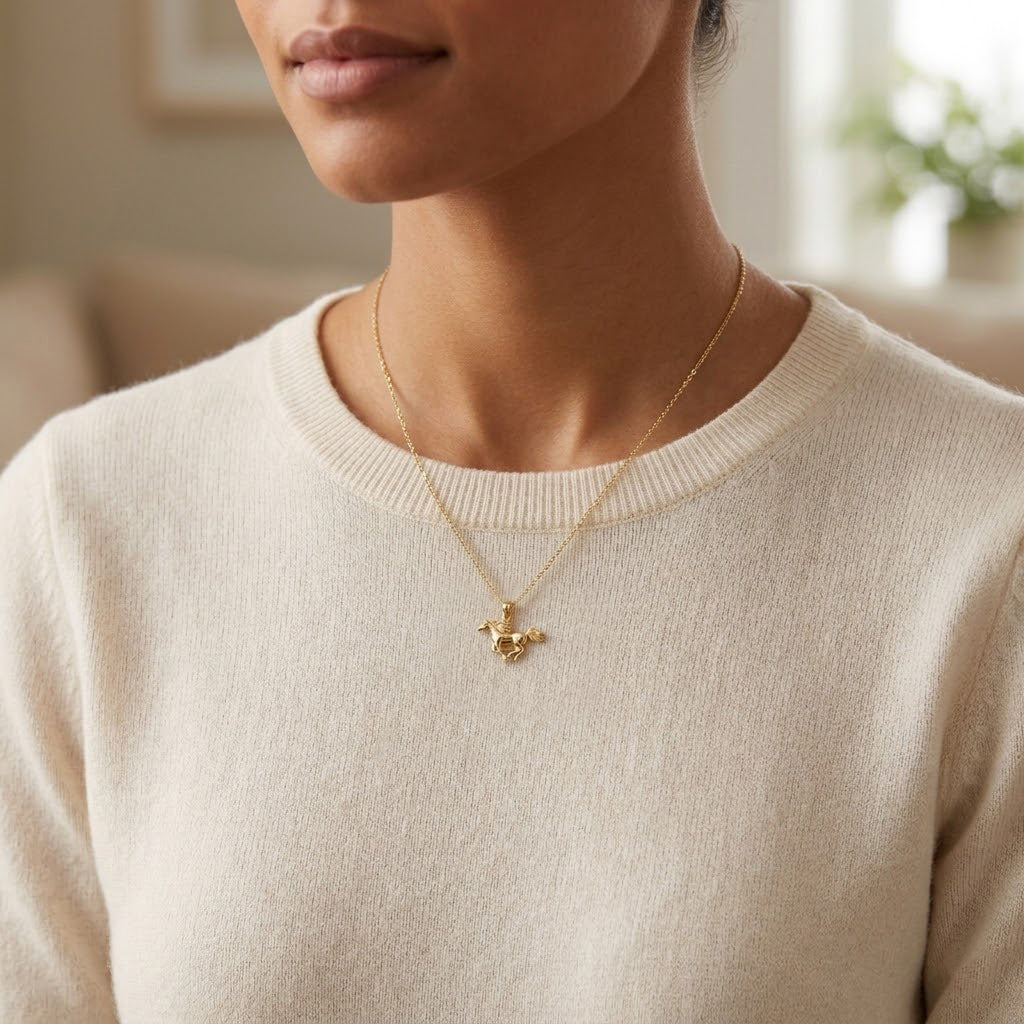 Person wearing a gold necklace with a pendant in a neutral setting