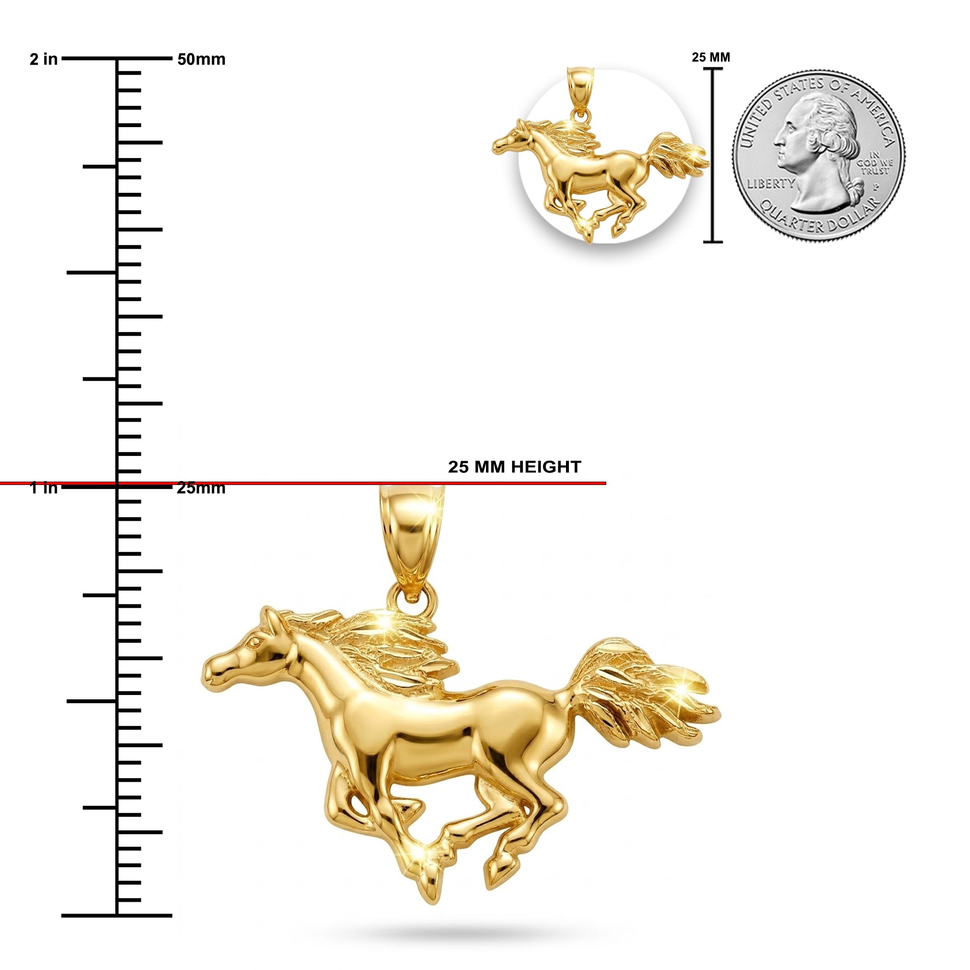 Gold horse pendant with measurements and a coin for scale on a white background