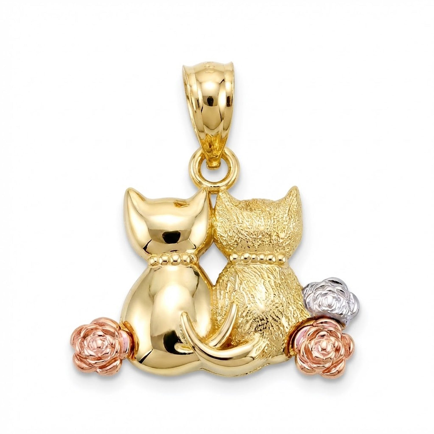 Gold cat pendant with roses on a white background