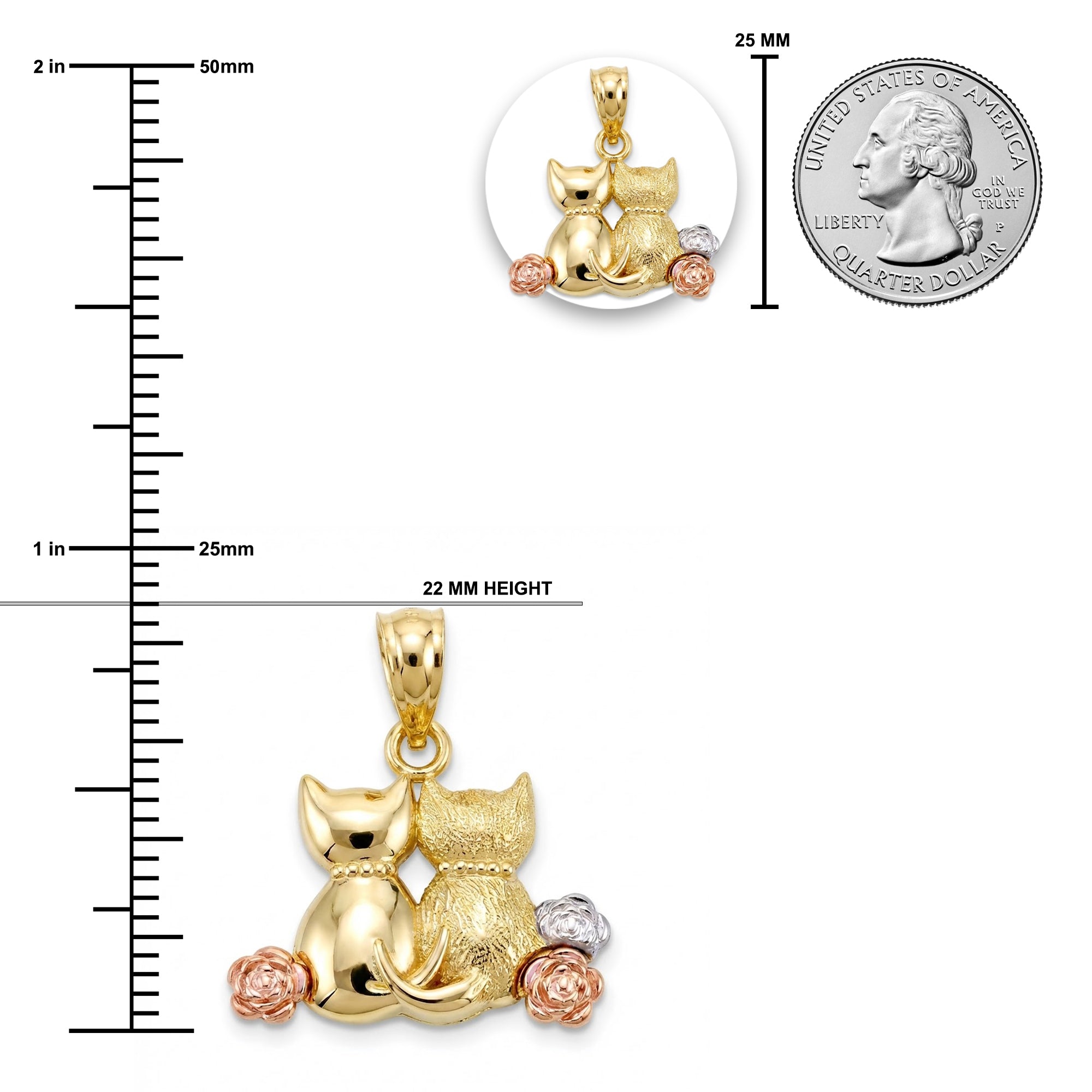 Gold cat pendant with rose gold accents on a white background with measurements and a quarter for scale.