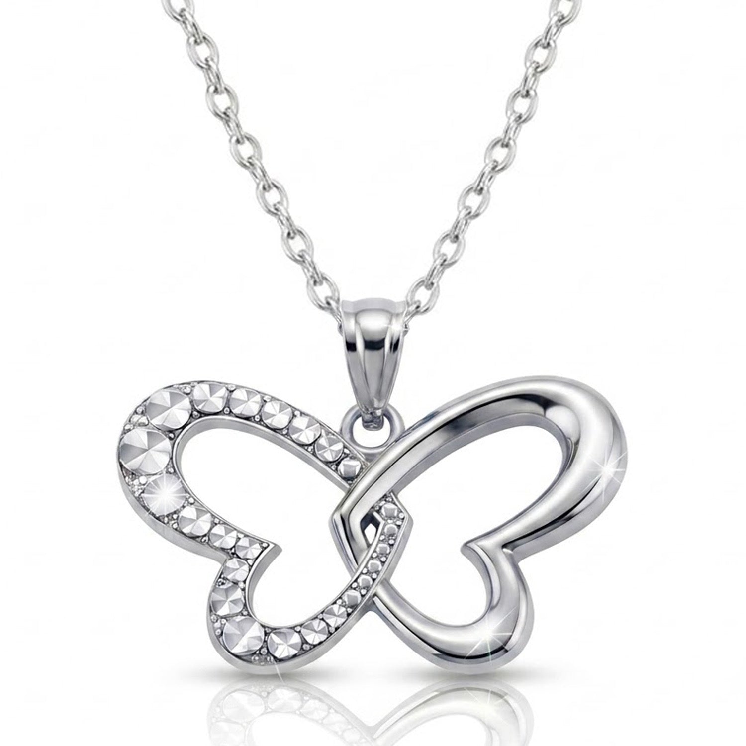 Silver butterfly pendant necklace on a white background