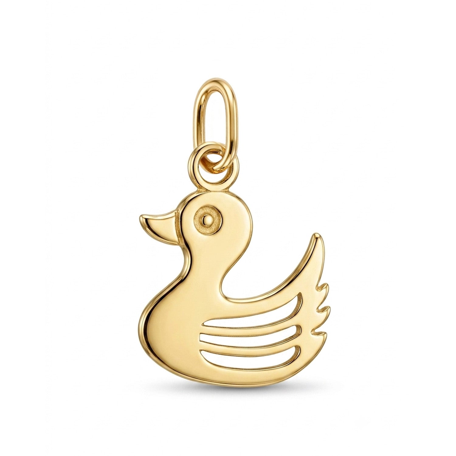 A polished yellow gold duck-shaped charm pendant with a small hanging loop at the top, shown on a clean white background.