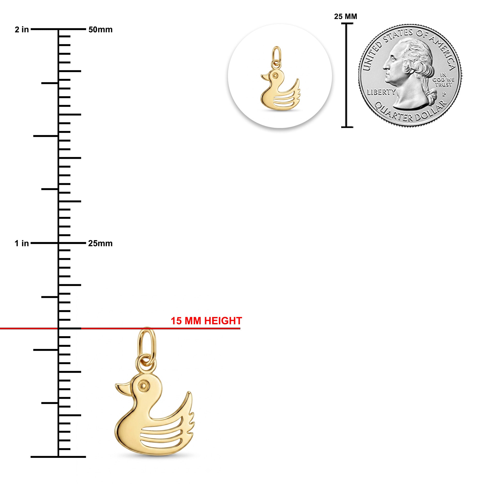 Gold duck charm pendant shown with a measurement ruler in millimeters and inches, a 25 mm US quarter coin for scale, and a circular inset of the charm.