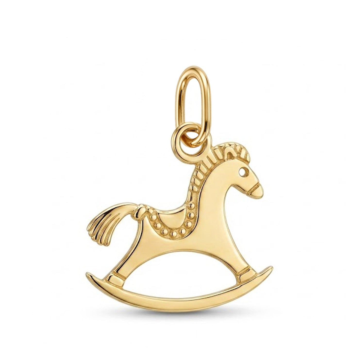 A polished yellow gold rocking horse charm pendant with a decorative bail at the top, shown on a clean white background.