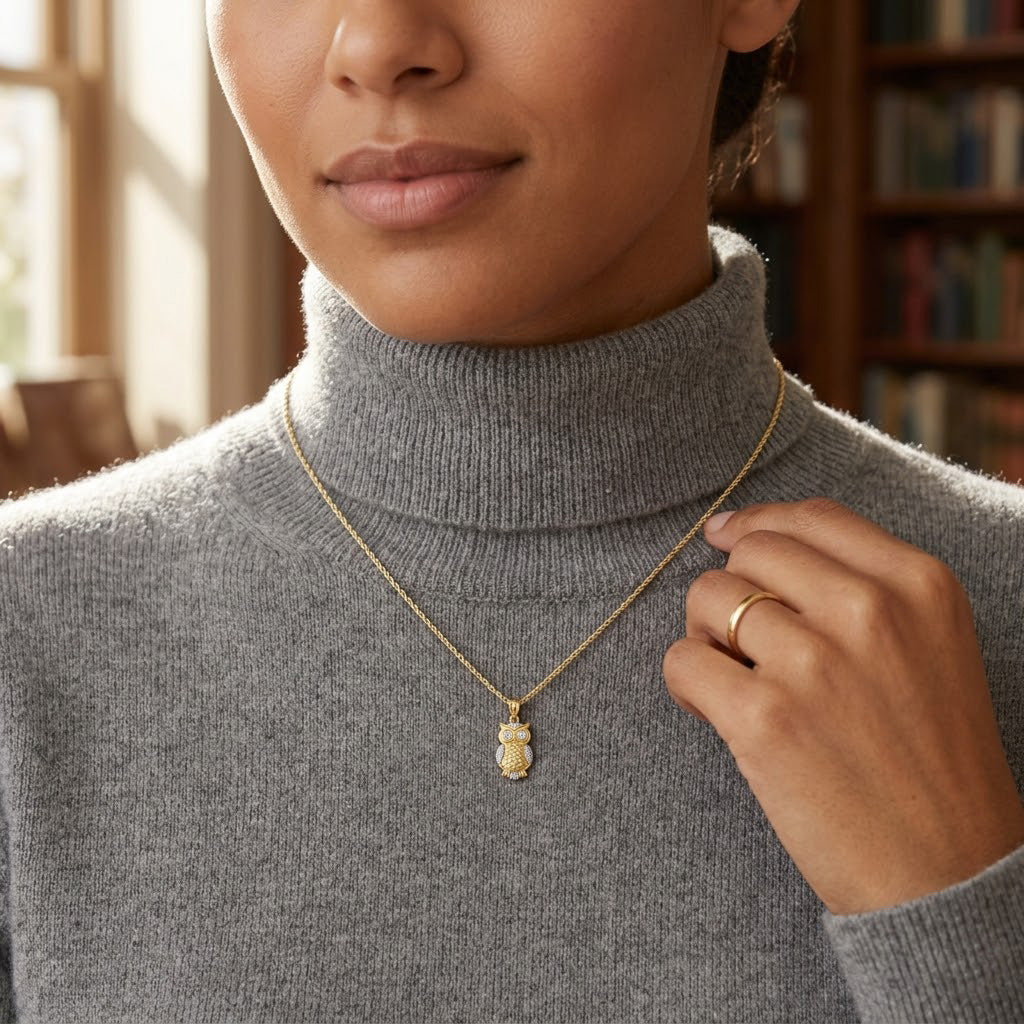 Woman wearing a gold necklace with a pendant in a cozy indoor setting