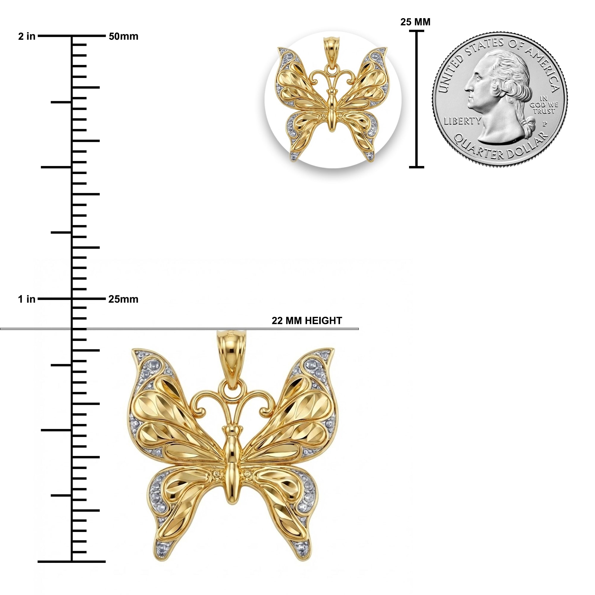 Gold butterfly pendant with measurements and a quarter for scale on a white background