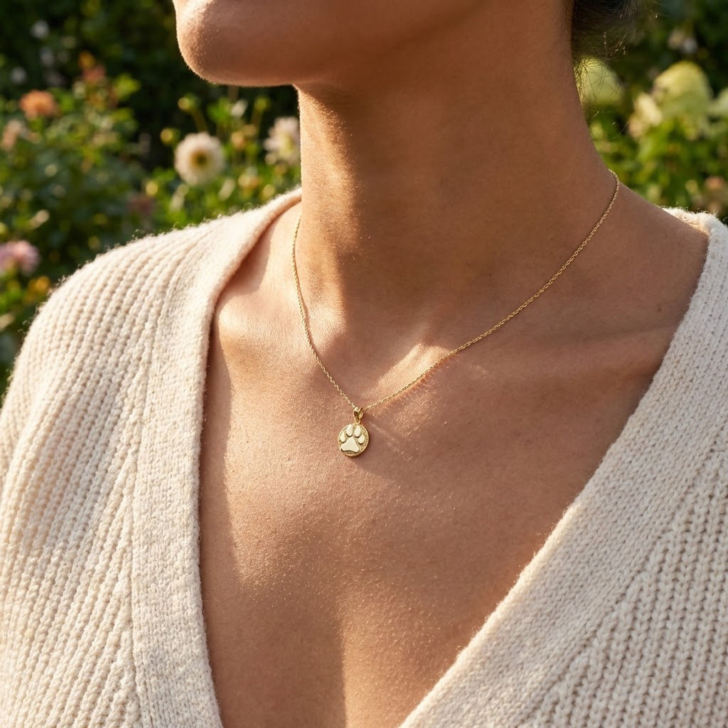 Gold necklace with a paw print pendant worn by a person outdoors.