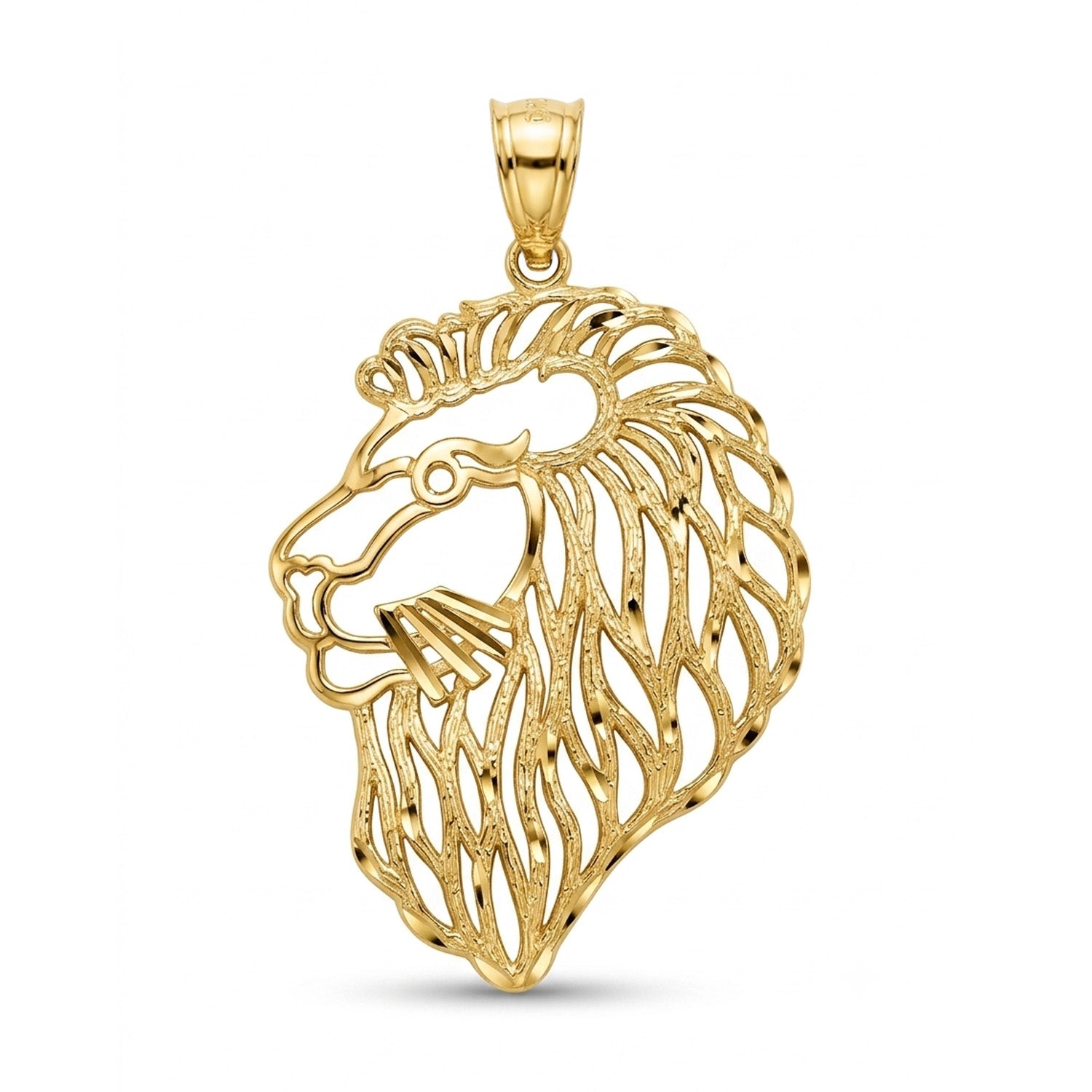A yellow gold lion head pendant with an intricate openwork design and a polished bail at the top, shown on a clean white background.