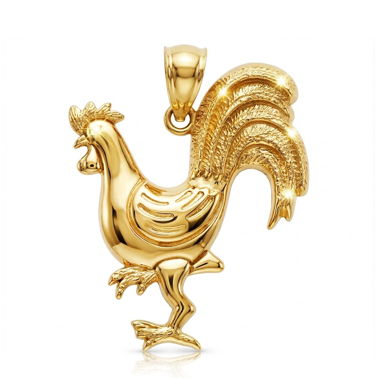 Gold rooster pendant on a white background