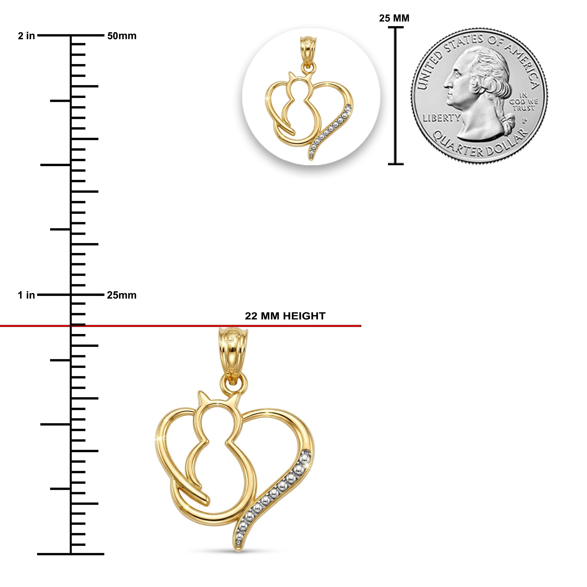 Gold pendant with heart design next to a ruler and quarter for size reference