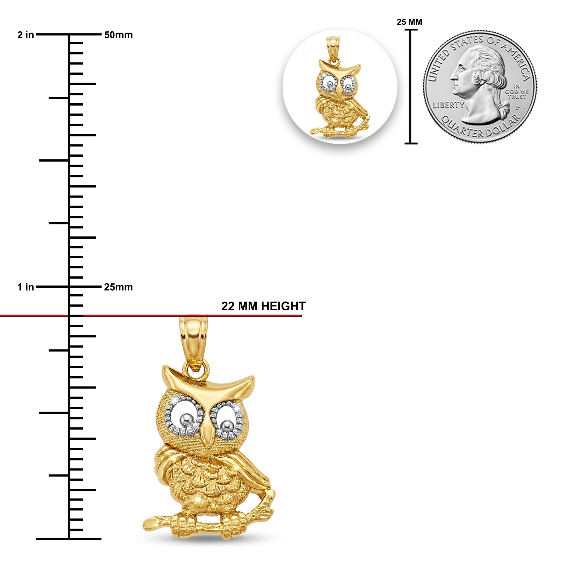 Gold owl pendant with measurements and a quarter for scale on a white background