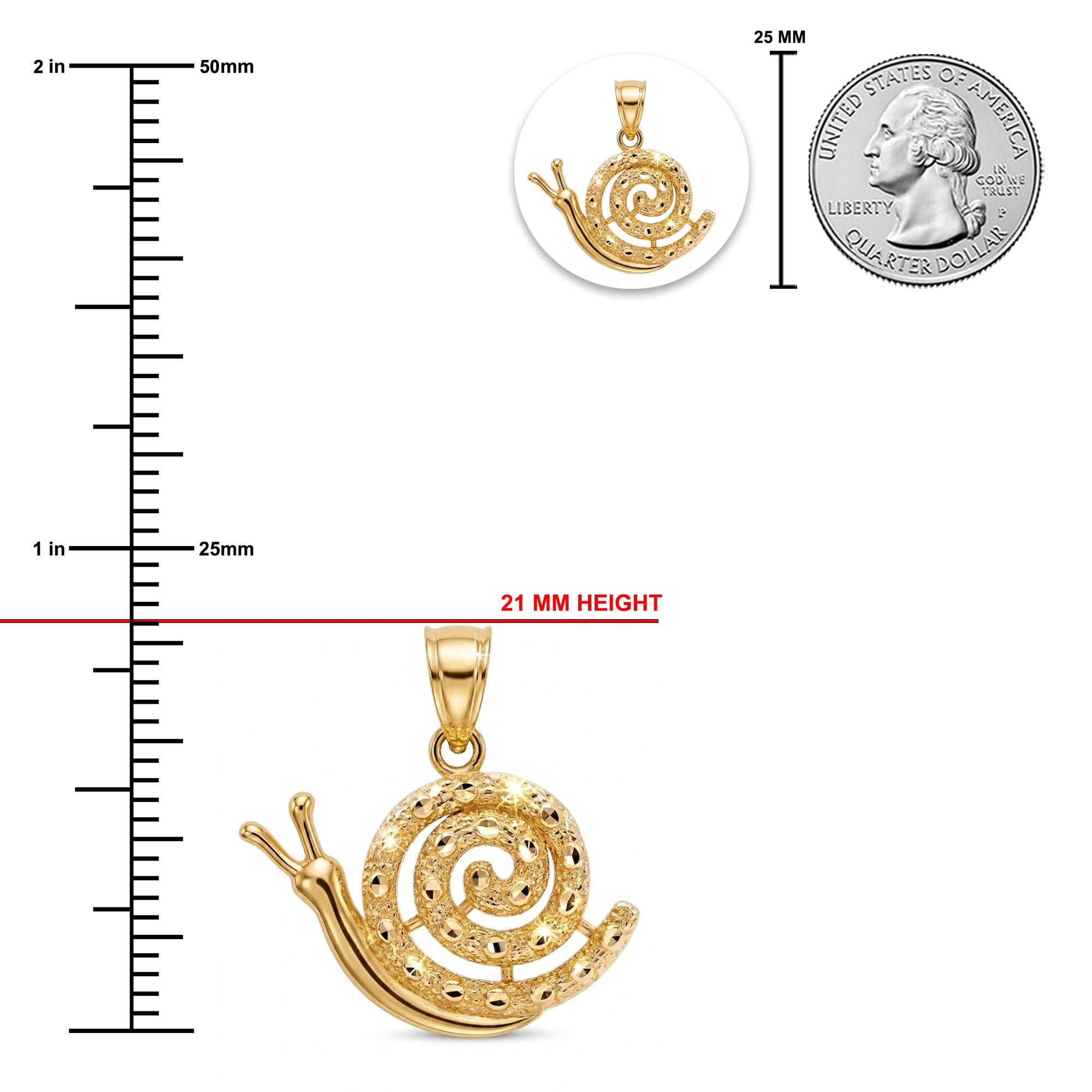 Gold snail pendant with measurements against a white background