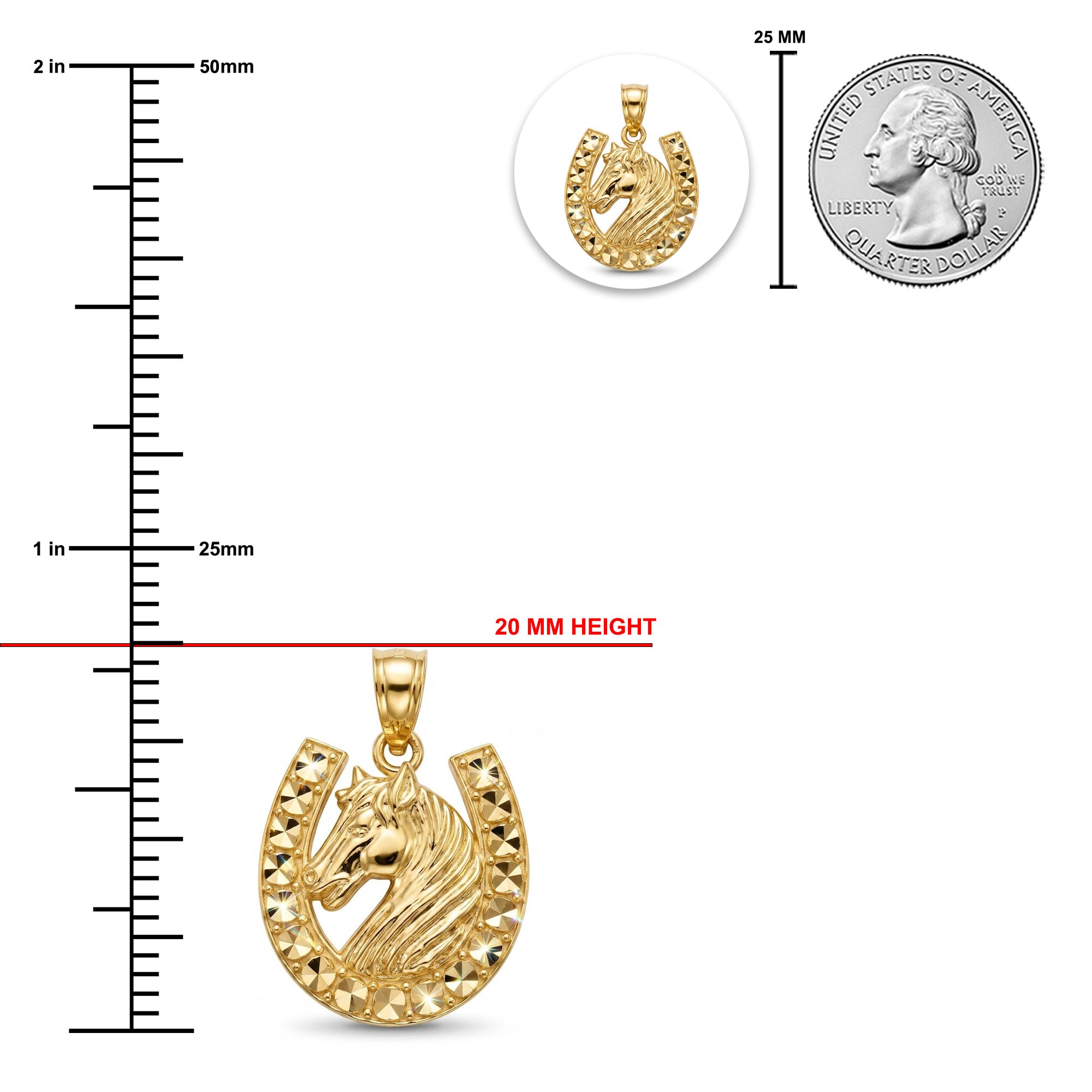 Gold horse pendant with measurements against a white background