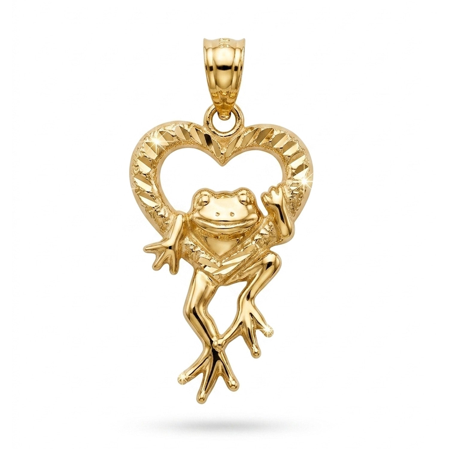Gold pendant with a frog design on a white background