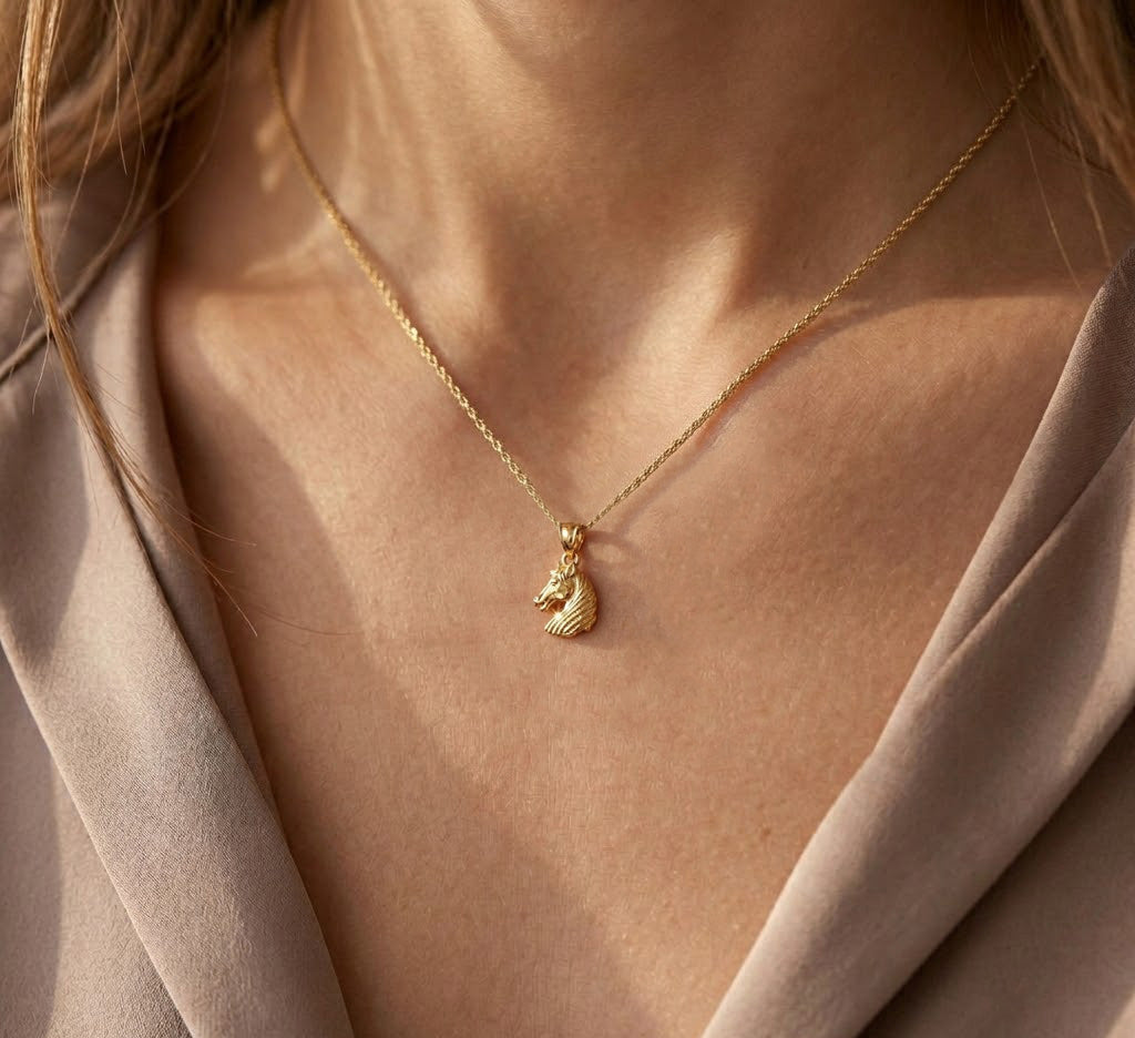 Gold necklace with a horse pendant on a person wearing a beige top.